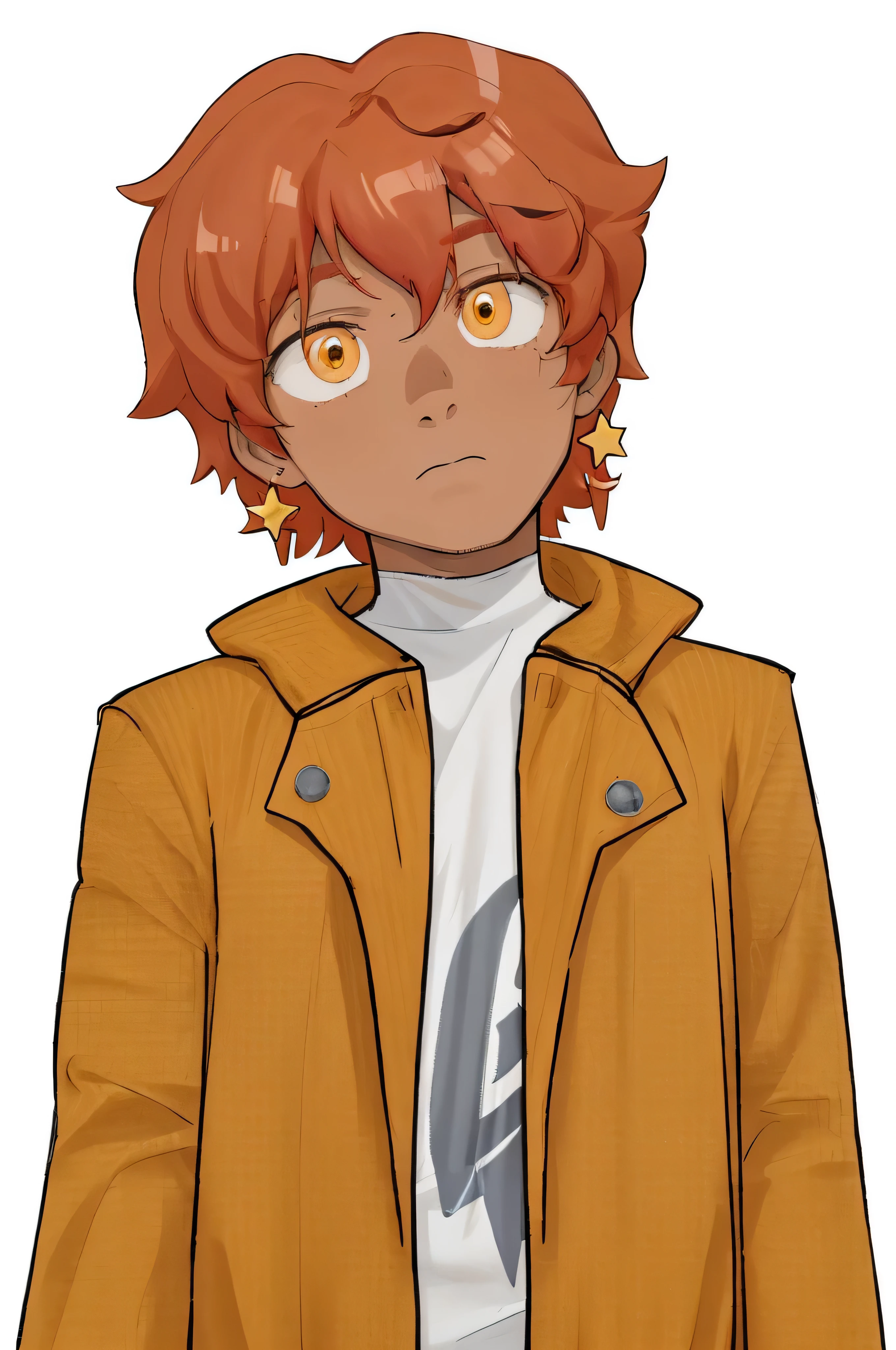 tall and strong guy with dark skin. Curly red hair with pink bangs. He has expressive gray eyes with a yellow tint... For clothes, white turtleneck t-shirt with faded gray pattern, over which an orange jacket is worn. below the waist, mainly, the guy wears regular gray jeans, white socks and orange sneakers, earrings with stars