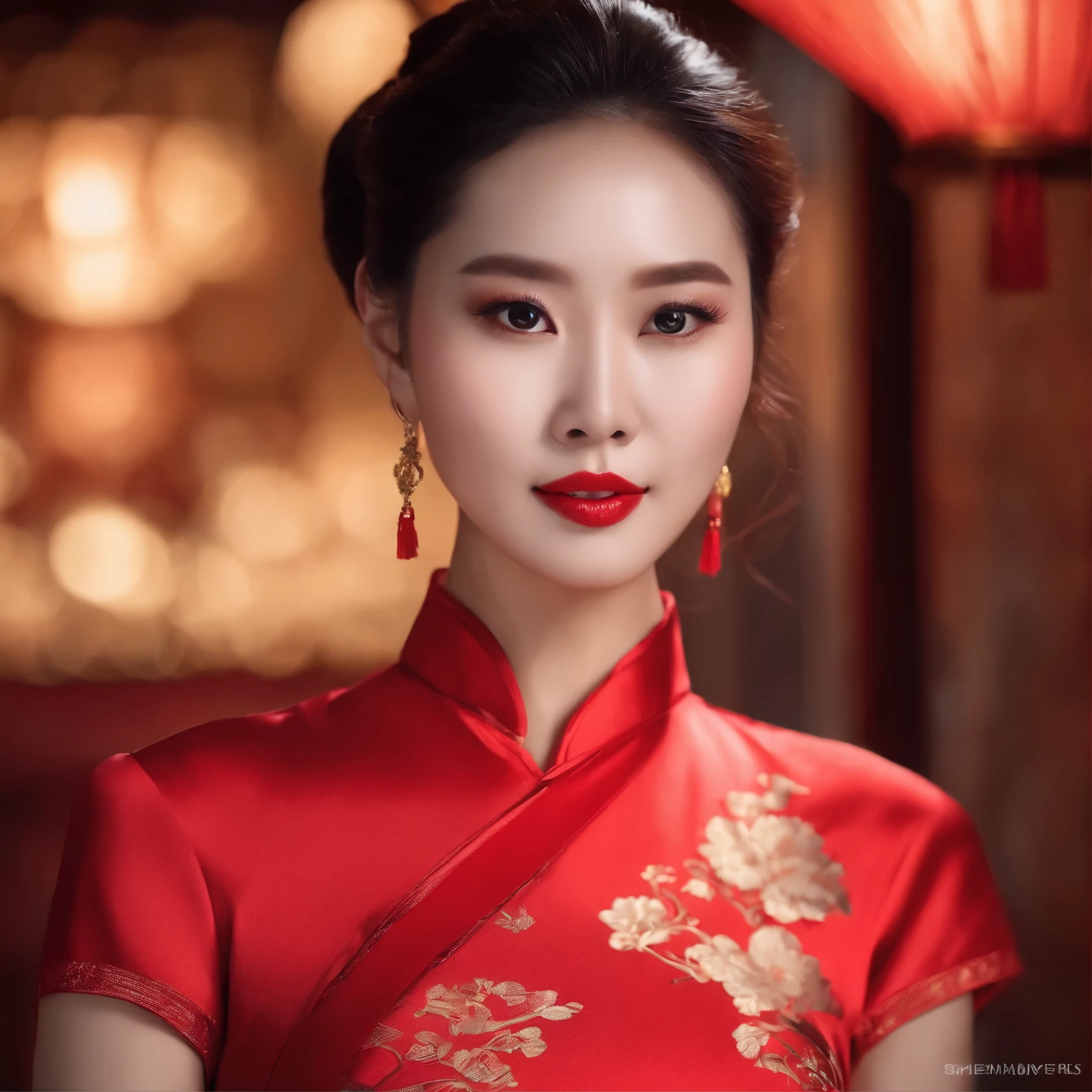 A beautiful Chinese model in a gorgeous slim-fitting red cheongsam，Voluptuous and sexy，The background is on the stage，HD face，Bright eyes。