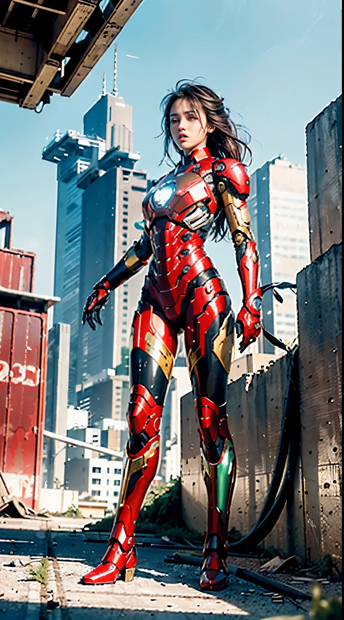 raw, masterpiece, ultra fine photos,, best quality, ultra high resolution, lifelike, Sunlight, full body portrait, Amazingly beautiful,, dynamic poses, delicate face, vibrant eyes, (side view) , she wears a futuristic Iron Man mecha, red and gold color scheme, Highly detailed abandoned warehouse background, Detailed face, Detailed and complex busy background, messy, Gorgeous, milky, High detail skin, lifelike皮肤细节, Visible pores , sharp focus, volumetric fog, 8k ultra high definition, SLR camera, high quality, film grain, White skin, photorealism, Photography, A huge metropolis in a dystopia of the future, view from below, translucent