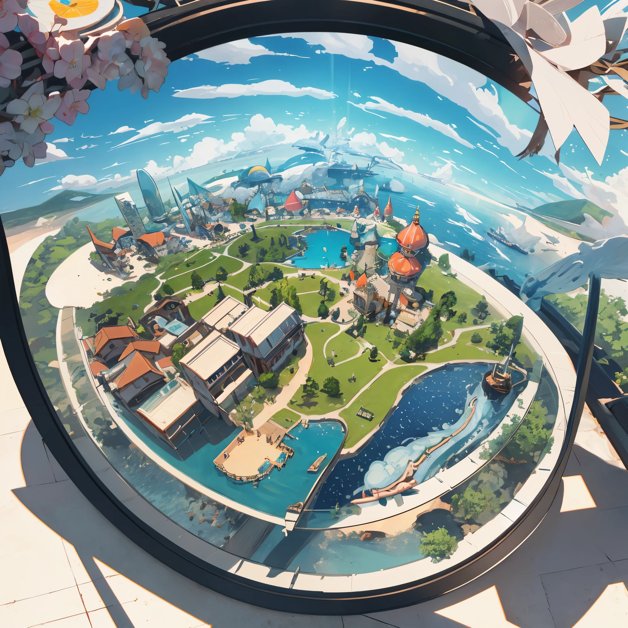 3d round planet of resort world, in the style of hyper-detailed illustrations, playful visual, soft gradients, cute cartoonish designs, tilt shift, soft shading, isolate on white,