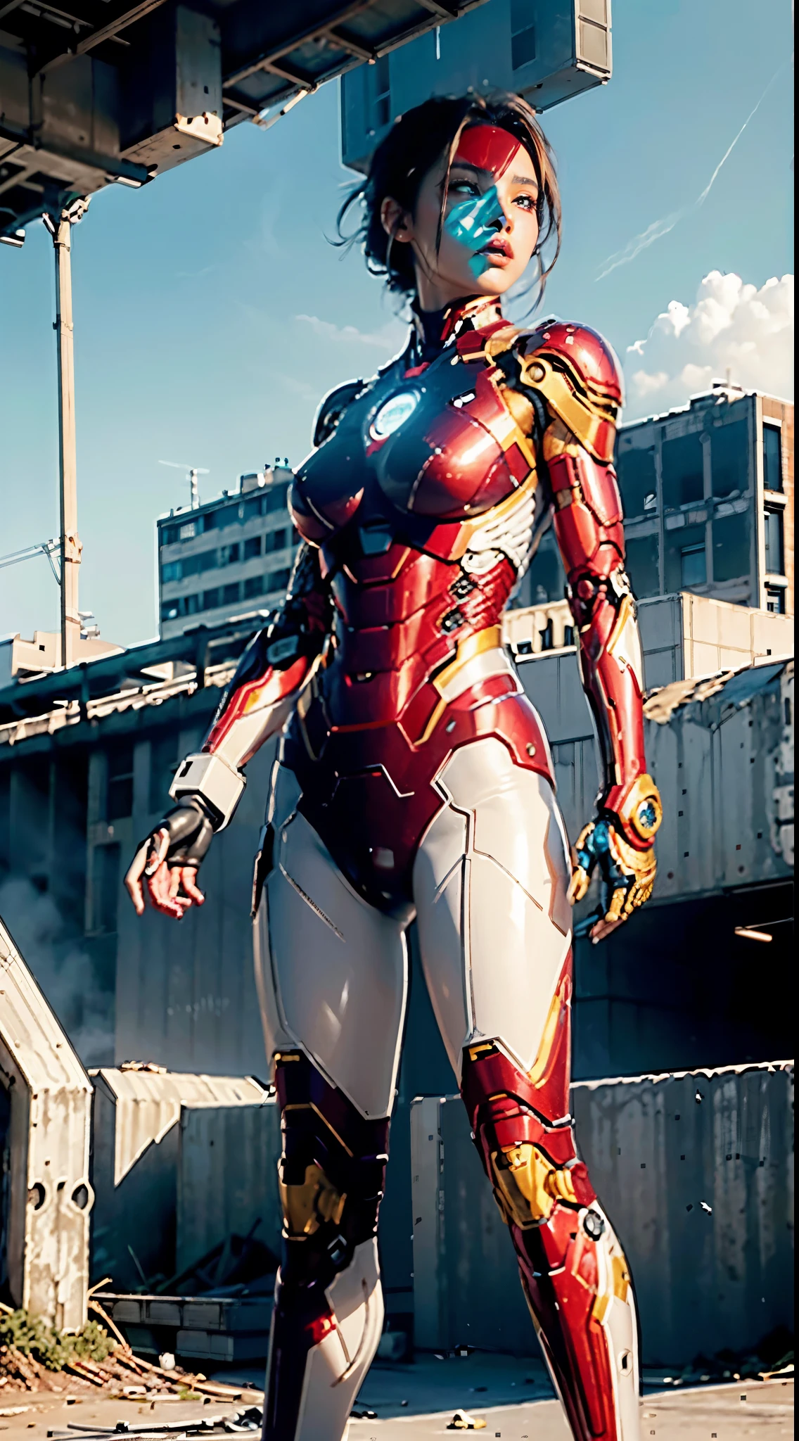 raw, masterpiece, ultra fine photos,, best quality, ultra high resolution, lifelike, Sunlight, full body portrait, Amazingly beautiful,, dynamic poses, delicate face, vibrant eyes, (side view) , she wears a futuristic Iron Man mecha, red and gold color scheme, Highly detailed abandoned warehouse background, Detailed face, Detailed and complex busy background, messy, Gorgeous, milky, High detail skin, lifelike皮肤细节, Visible pores , sharp focus, volumetric fog, 8k ultra high definition, SLR camera, high quality, film grain, White skin, photorealism, Photography, A huge metropolis in a dystopia of the future, view from below, translucent