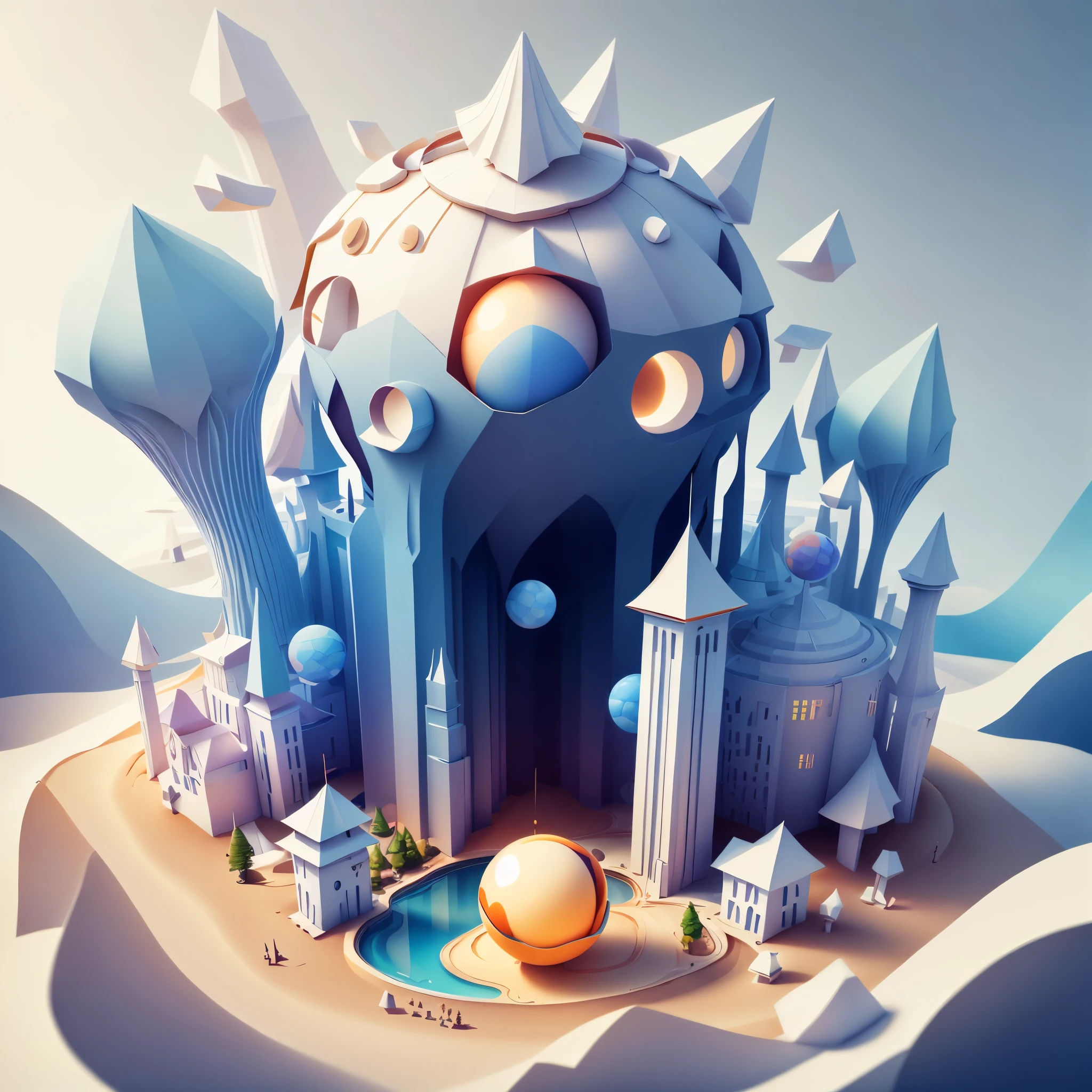 3d round planet of resort world, in the style of hyper-detailed illustrations, playful visual, soft gradients, cute cartoonish designs, tilt shift, soft shading, isolate on white,