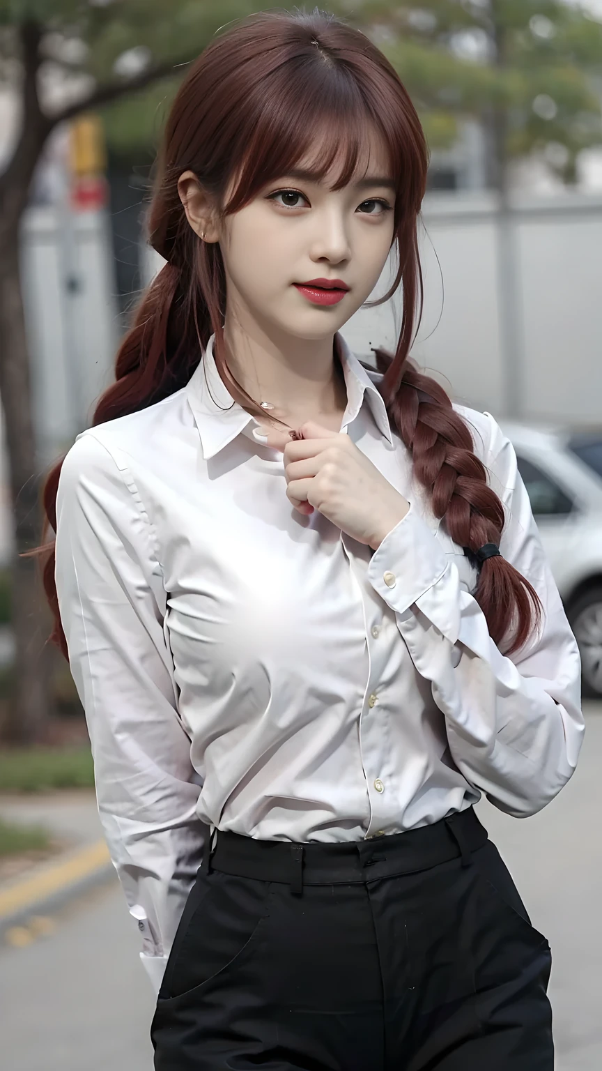 best quality, natural lighting, masterpiece, 1 girl, perfect beautiful face, (photo photo:1.3), edge lighting, photography lighting, (high detail skin:1.2), 8k ultra hd, DSLR, high quality, high resolution, white skin, detailed textured skin, 3/4 body in frame, sexy posing, poker face, close-lip, perfect propotion face, symetric face, eye level shot, 4k, 8k, bokeh, absurd, best ratio four fingers and one thumb, (realistic:1.3), beautiful detailed girl, cute 1girl, red hair, long hair, bangs, volume hairs, collosal-breast, full looking breast, projecting breast, slim waist, slender, small thighs, perfectly proportion, outdoor background, detailed background, trees, clouds, makima, (yellow eyes:1.2), braid, braided ponytail, ringed eyes, shirt, long sleeves, white shirt, collared shirt, pants, (black pants:1.2), formal, suit, black necktie, (shirt tucked in:1.2), office lady, braid, braided ponytail, long hair, makima, (black necktie:1.2), red hair, yellow eyes, white shirt, (hands behind back:1.1), thighs in frame, pants is black