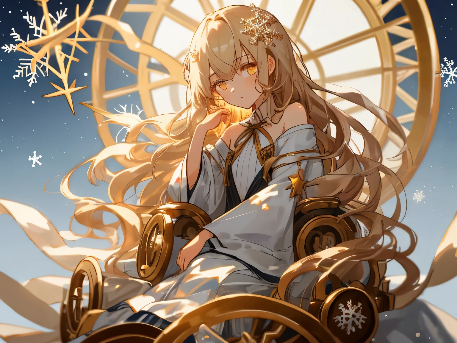 light wheel, snowflake, Single Portrait, , young body, star hair ornament, flat chest, gentle eyes, look down, sitting, long scattered hair, hazel hair, golden eyes, Fair skin, Ribbons wrapped around the body