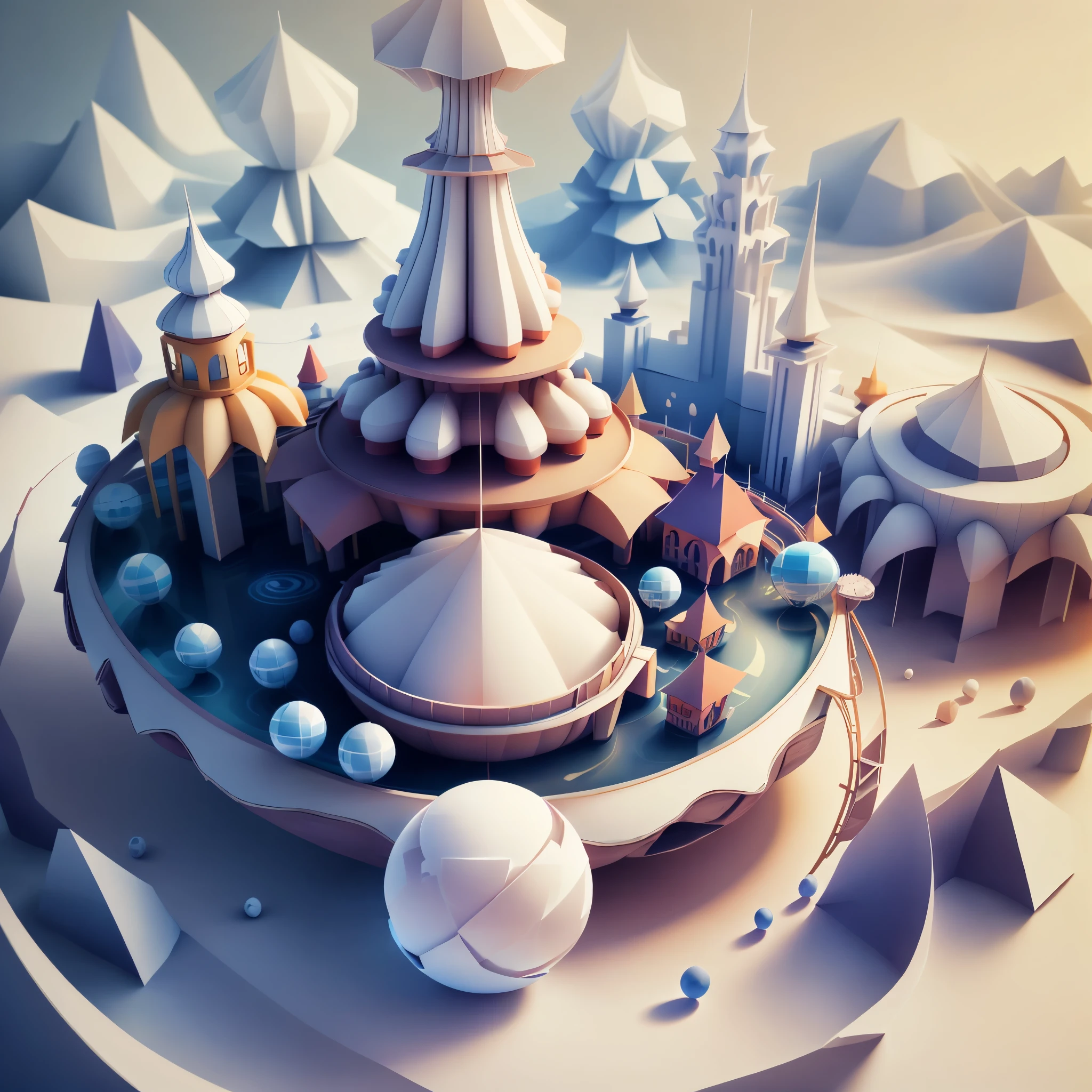 3d round planet of resort world, in the style of hyper-detailed illustrations, playful visual, soft gradients, cute cartoonish designs, tilt shift, soft shading, isolate on white,