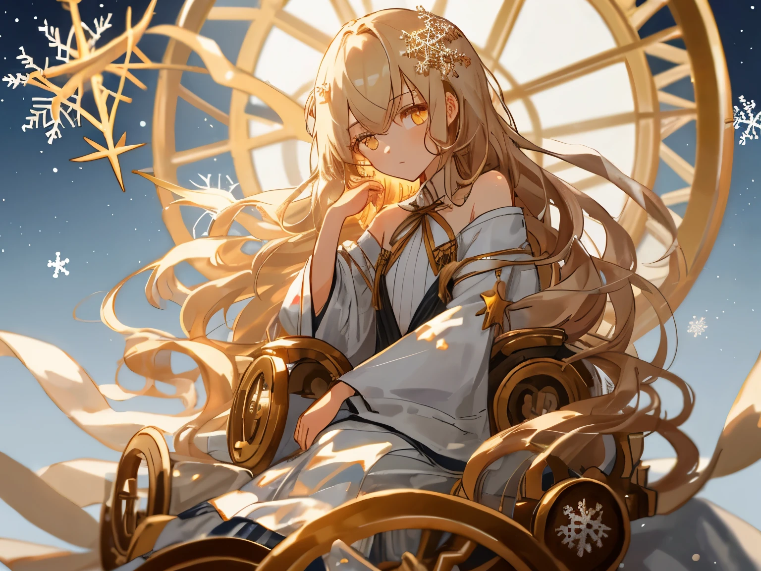 light wheel, snowflake, Single Portrait, , young body, star hair ornament, flat chest, gentle eyes, look down, sitting, long scattered hair, hazel hair, golden eyes, Fair skin, Ribbons wrapped around the body