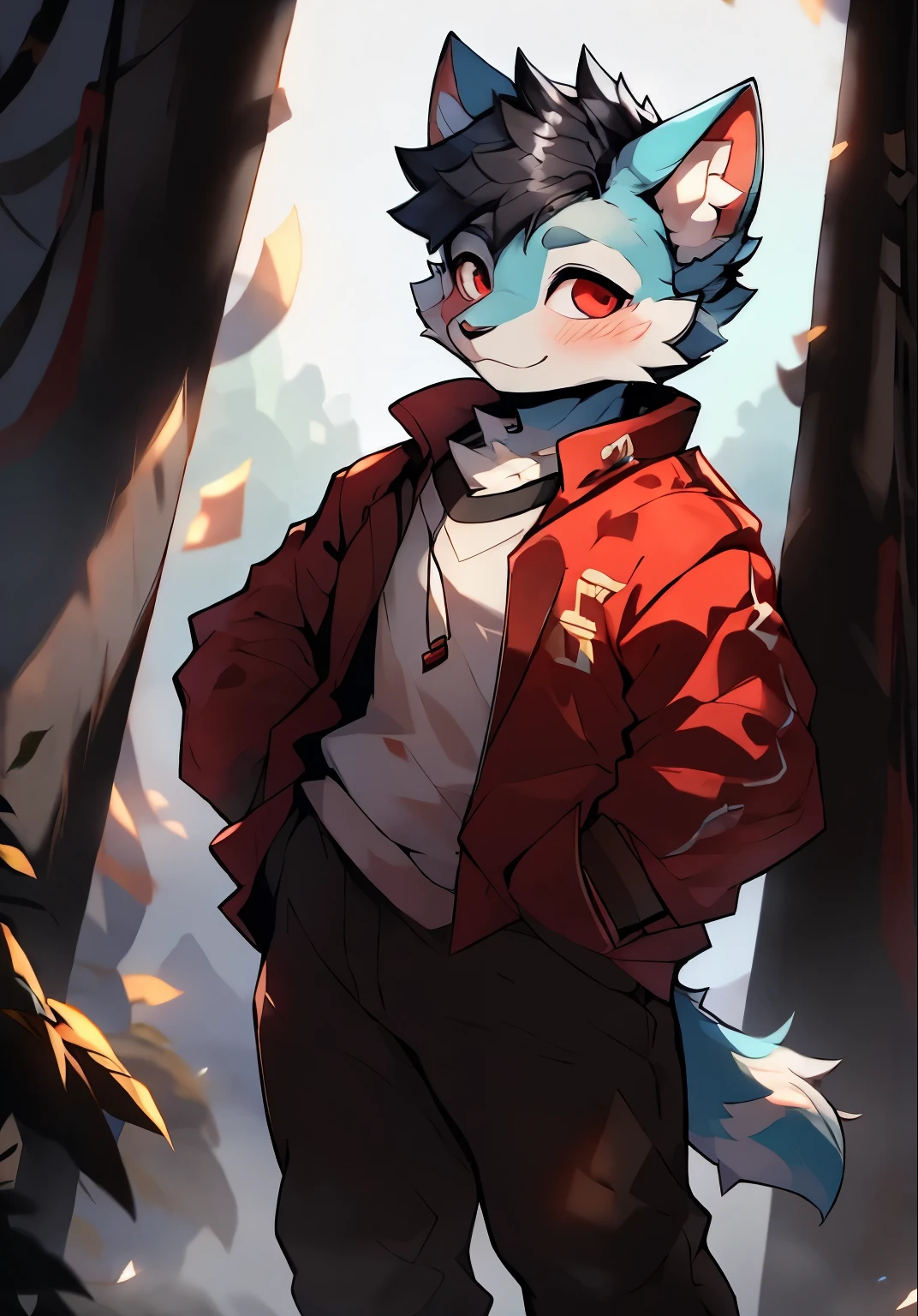 Cat，Black hair and red eyes，black jacket color，Lovely，theelementoffire，Lively，horny boy，,casual sweatshirt，Lively可爱，更短的Pants尼吉, (1 boy:1.4), (Jayway 3), Cat男孩, (hairy:1.5),(cub), 超Lovely脸,light blue fur, body hair, (Thick thighs:0.5), (whole body:1.1), perfect lighting, (masterpiece), (ultra deTailed), eyes, blush,White clothes,looking at the audience, alone,Pants, Tail