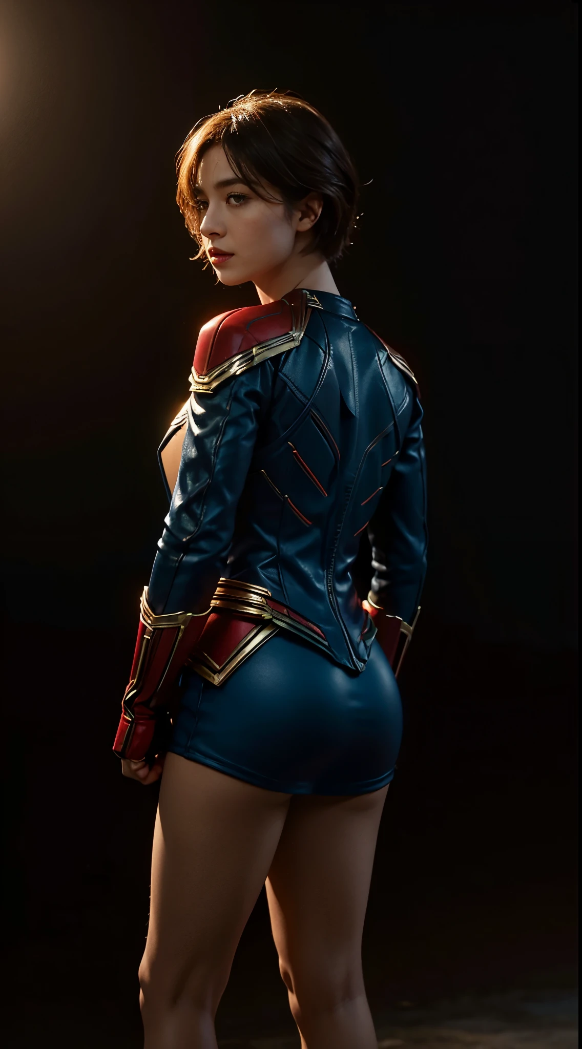 Keswin full body photo: 1, Side lighting, (short hair: 1.3), Hair edge lighting, Shallow and clear depth of field, heroine, (curve: 1.4), (Very detailed), (Award-winning works), (masterpiece), stills, (human development report), (8k wallpaper), Captain Marvel suit, flight, sky background, female focus
