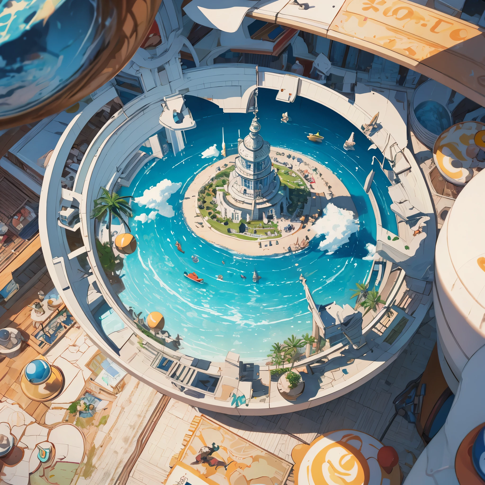 3d round planet of resort world, in the style of hyper-detailed illustrations, playful visual, soft gradients, cute cartoonish designs, tilt shift, soft shading, isolate on white,