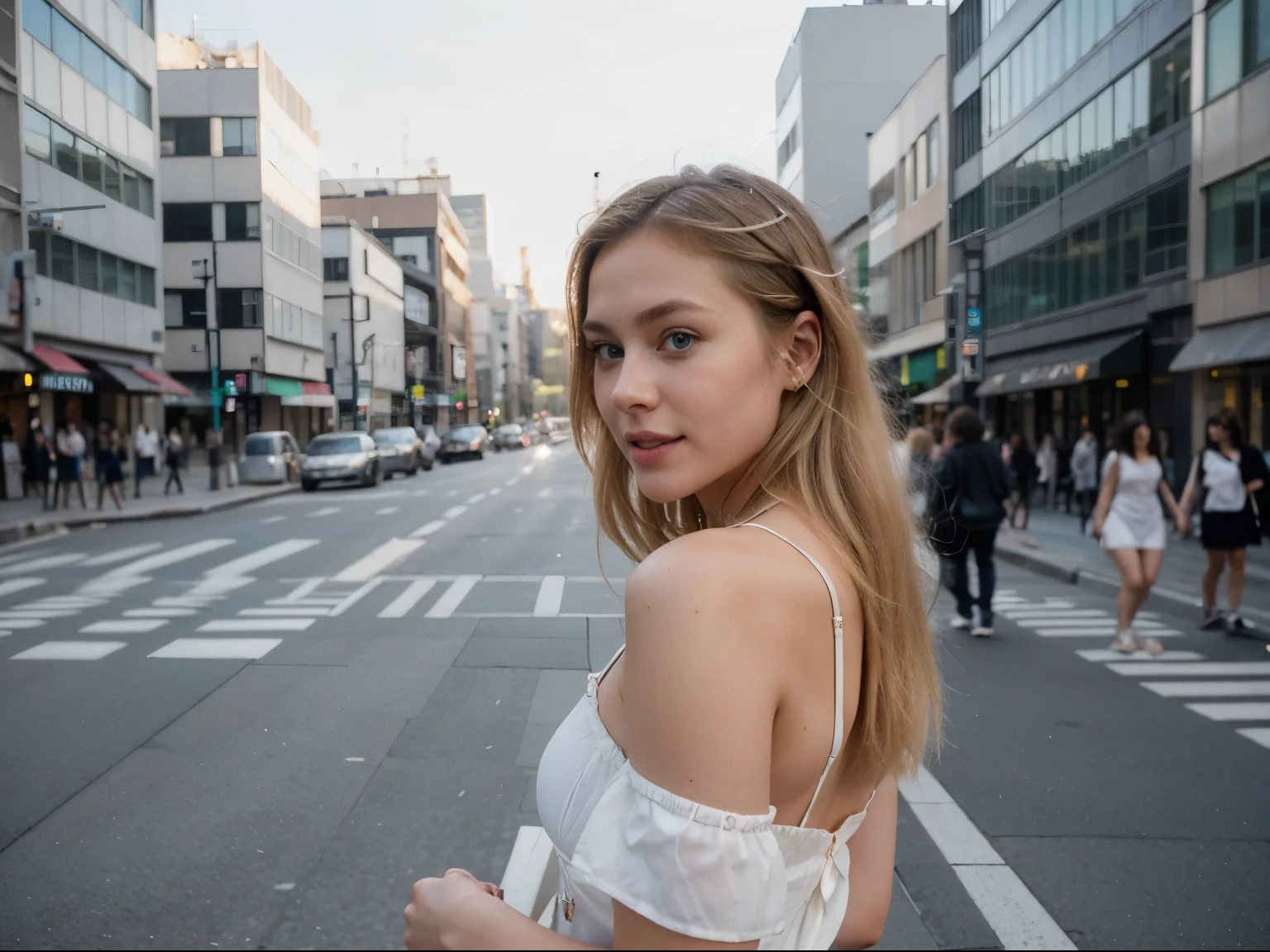 Model, 21 years old, blonde, blue eyes, excited look, blond hair, beautiful,She's wearing a white mini dress, lux ,She poses on a crowed street in Tokyo,people are passing behind,poses from full length,(best quality), (super detail), best light, ((masterpiece)), (detailed), (1080x1080 pixel)perfect face,
