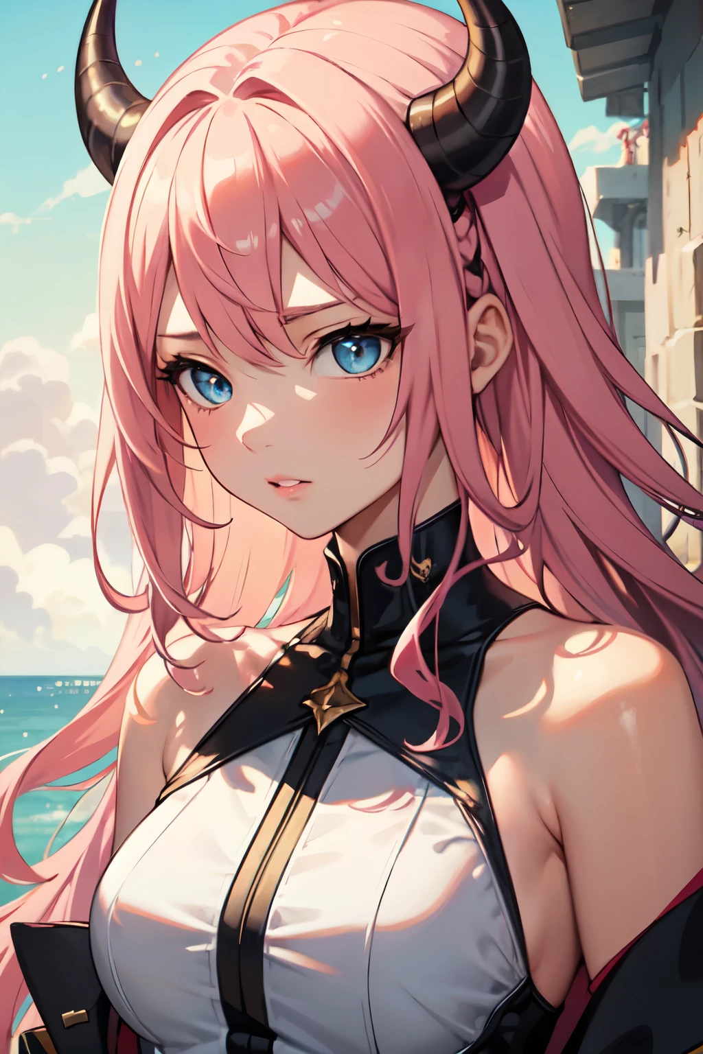 A pretty lady with long pink hair and blue eyes, wearing a aesthetic clothes, looking at you with a teasing smile, modern era, close up.