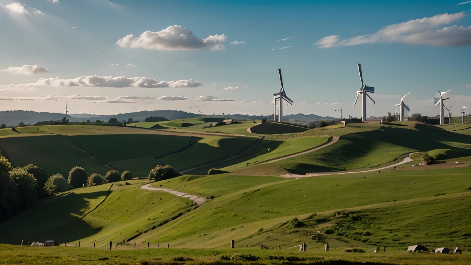 a series of windmills among green hills