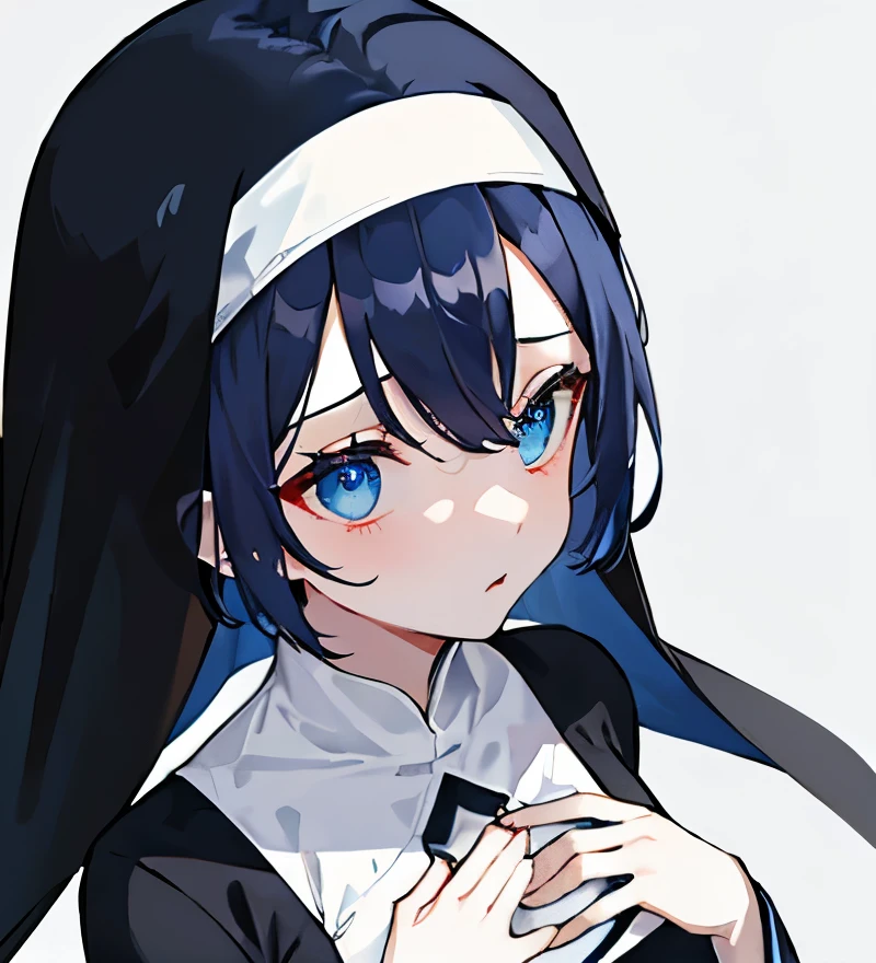 simple background,nun,nun clothes,flat_chest,upper body,conjoined black silk,deep blue hair, deep blue eyes,一个女孩，面无表情