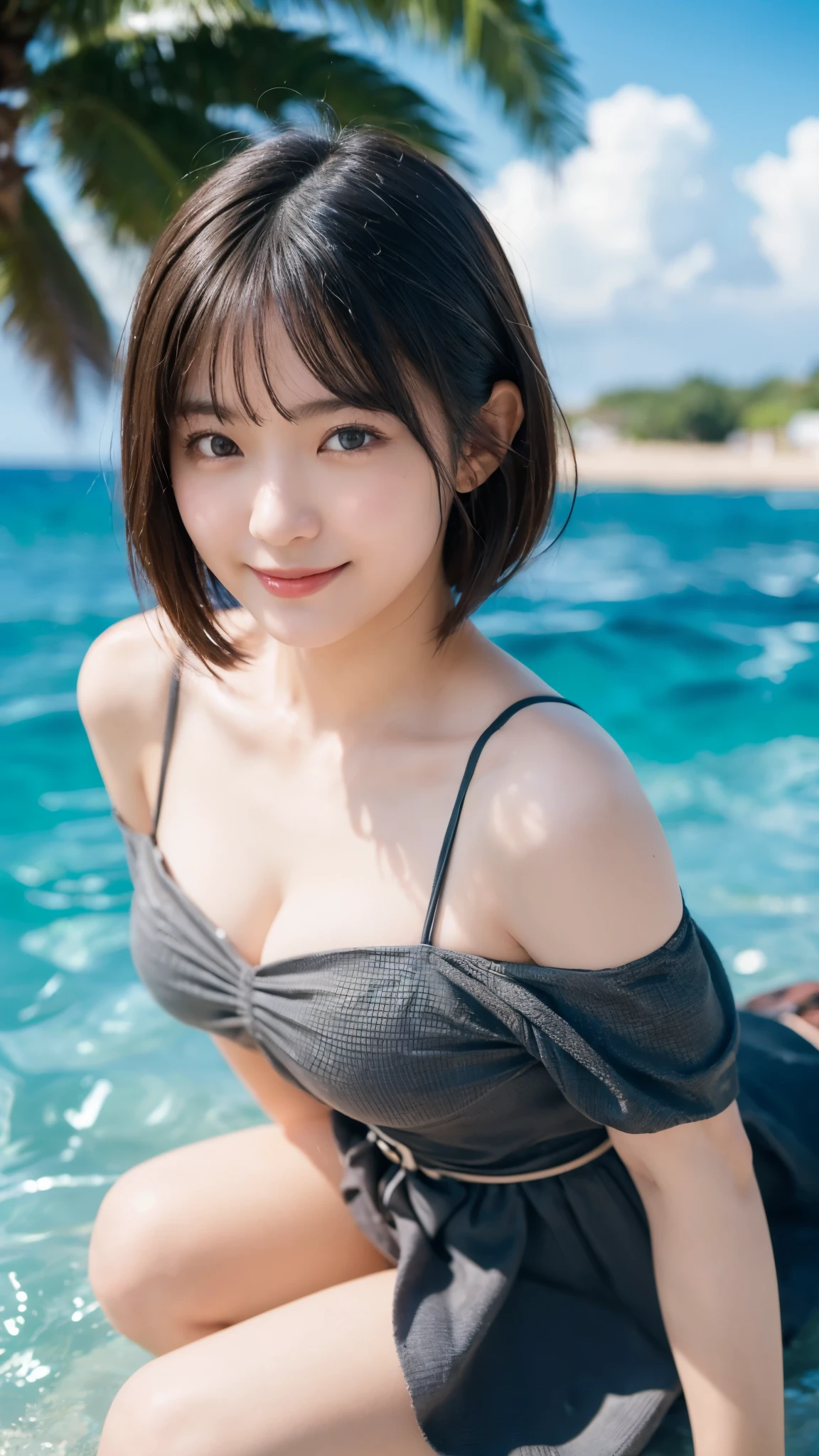 (highest quality,masterpiece:1.3,ultra high resolution),(Super detailed,caustics,8k),(photorealistic:1.4,RAW shooting),Japanese,18-year-old,cute,(Smiling and looking at the camera),black short hair,(big ),White off-the-shoulder dress,(Stand in a forward leaning position),(low position:1.3),(Low - Angle:1.3),(shot from the waist up),clear and beautiful sea,beach,sun,strong sunlight,Lens flare,Natural light,professional writing