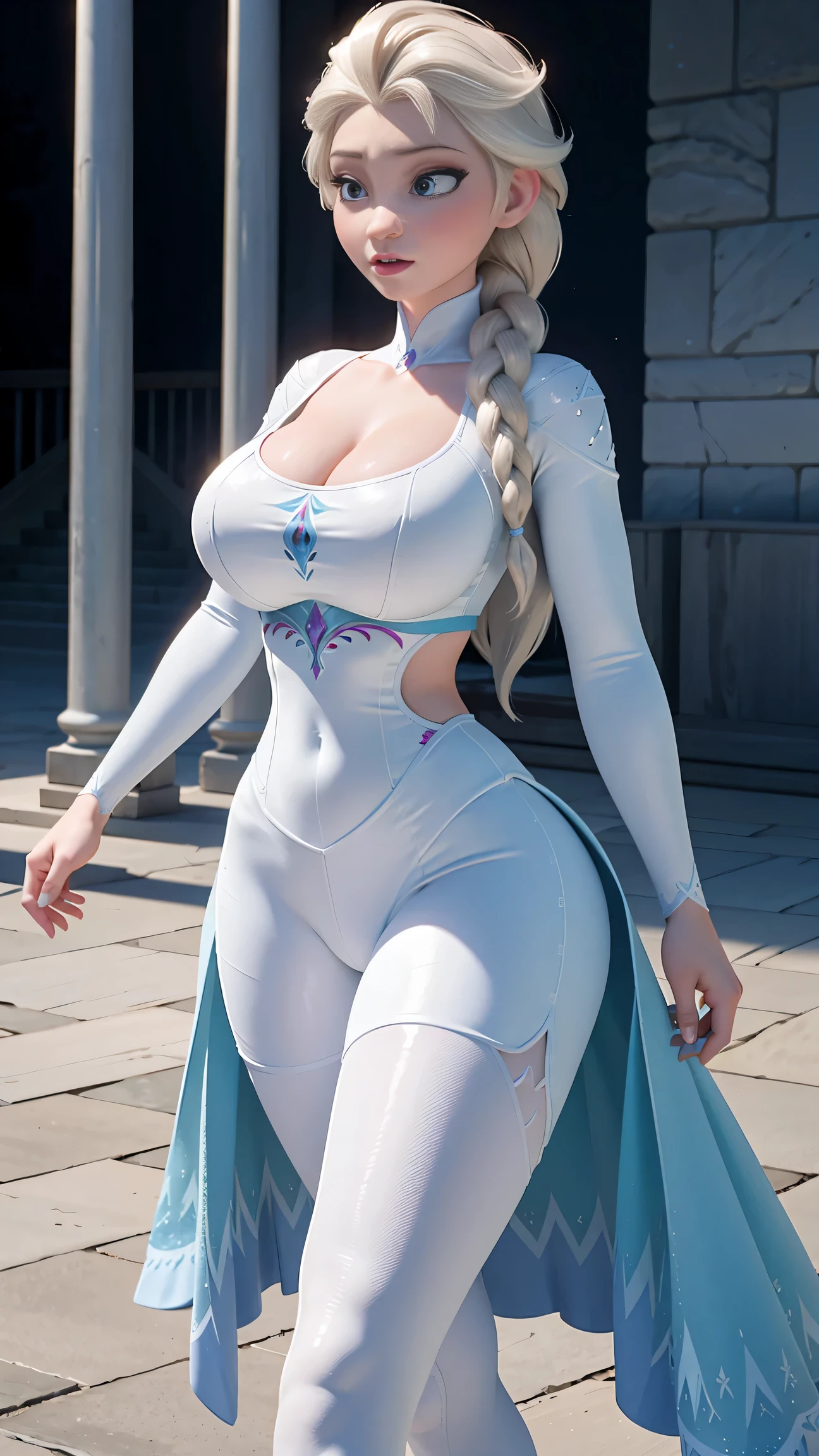 ,,,Photo of Elsa of Arendelle wearing white gym outfit, Nice, show breasts, huge breasts, tall, sexy legs, bursting huge breasts, wide hips, busty, sexy
