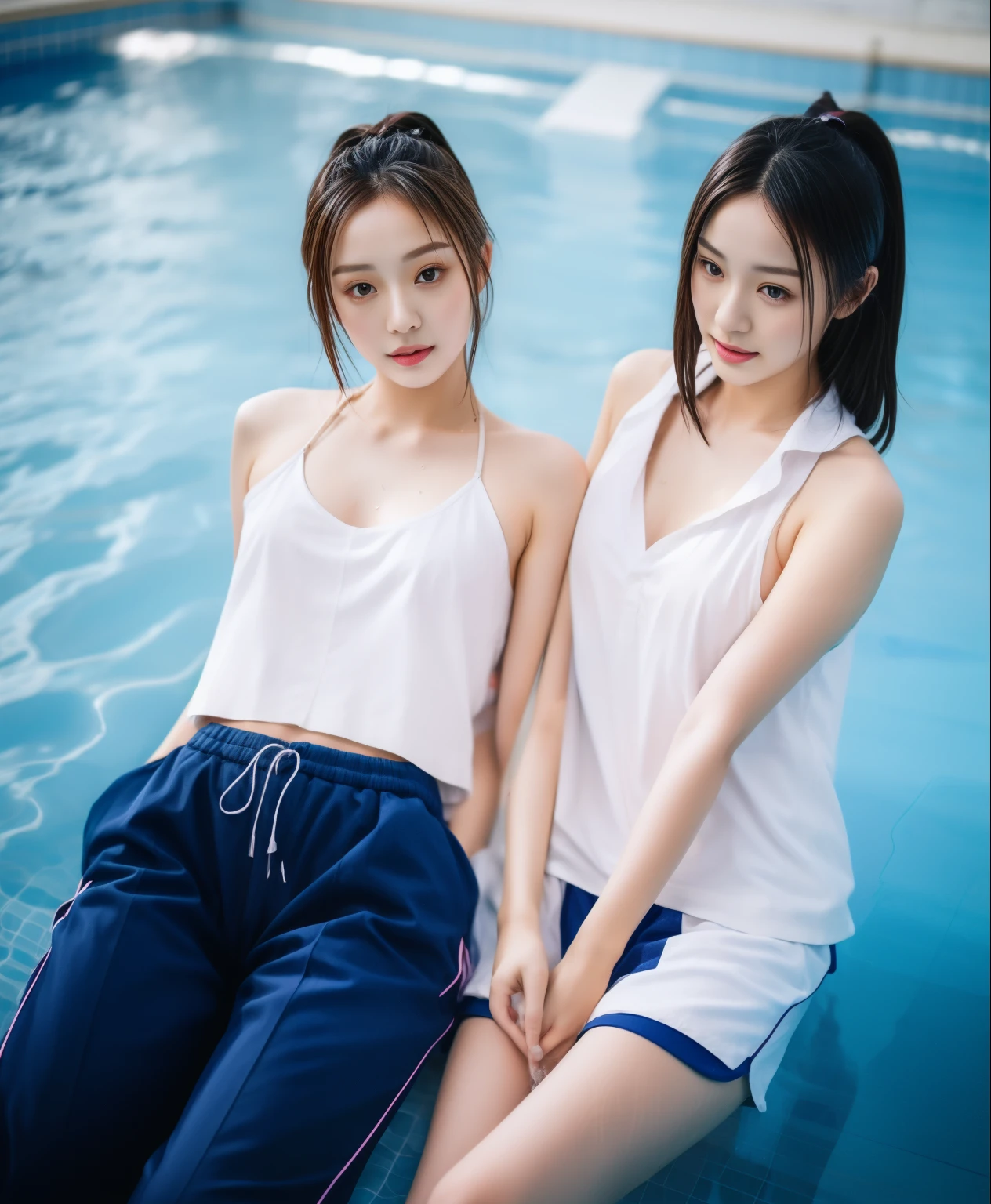 2 girls in the swimming pool, black underwear,Navy Long Trackpant,Sweatpants, Sweatpantsขายาว,25 year old girl, lesbian, sexy, exercise clothes, wet body