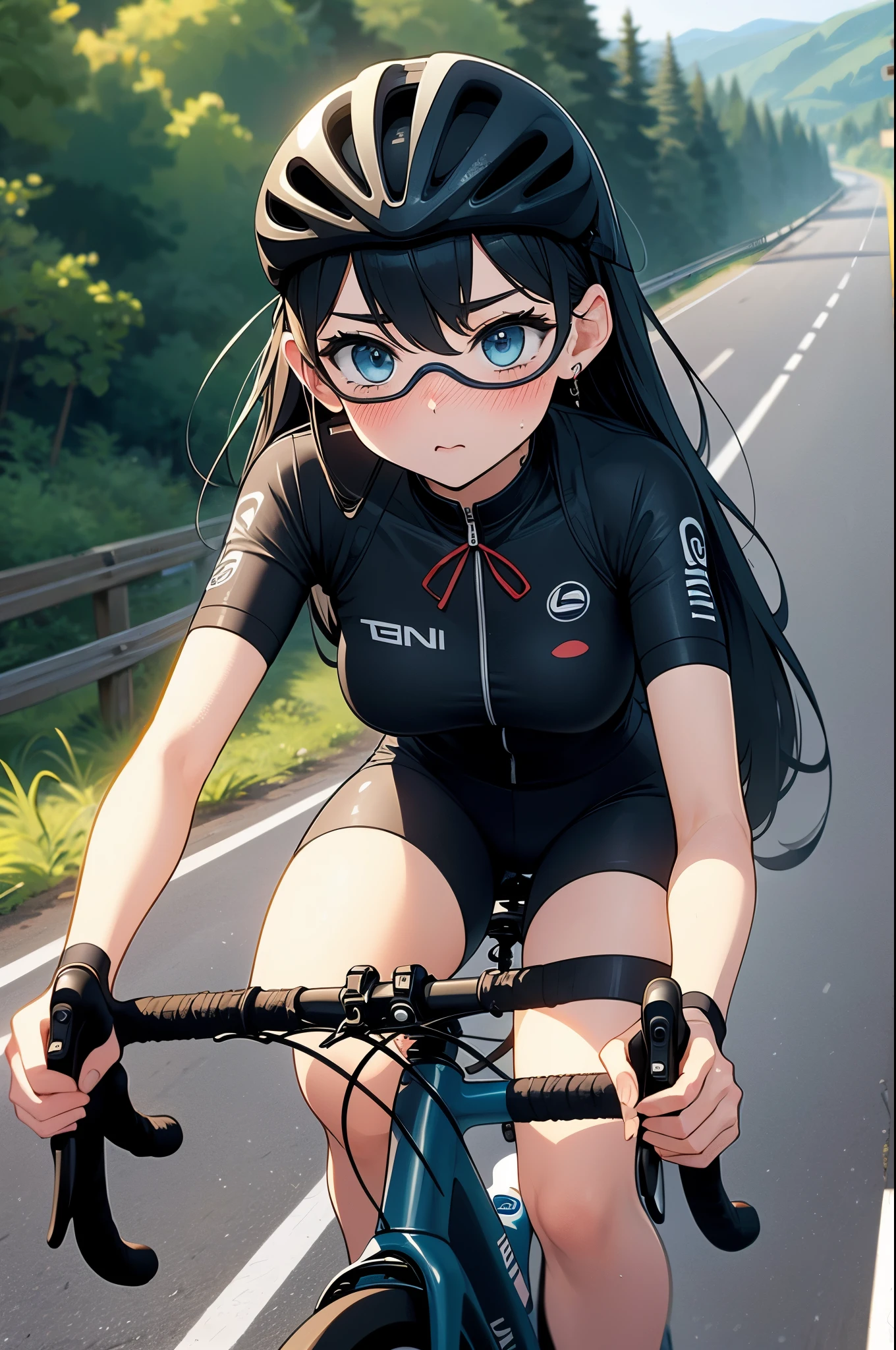 (((masterpiece))), (((best quality))), (((Ride a road bike))), downhill, steep slope, eye mask, earphone, Cycling shorts, wind, Speed line effect, alone, 1 girl, ribbon, long hair, split, big tits, Shy. blush,  