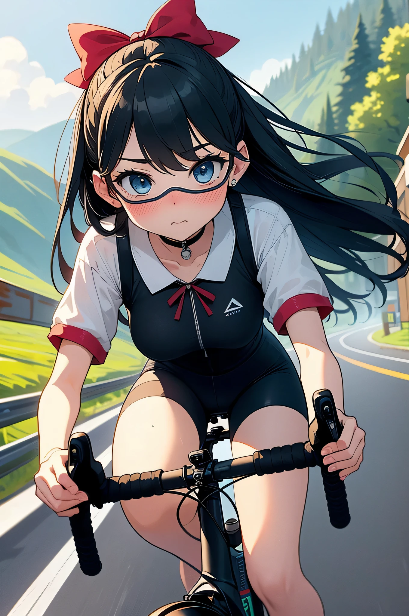 (((masterpiece))), (((best quality))), (((Ride a road bike))), downhill, steep slope, eye mask, earphone, Cycling shorts, wind, Speed line effect, alone, 1 girl, ribbon, long hair, Split, big tits, Shy. blush,
