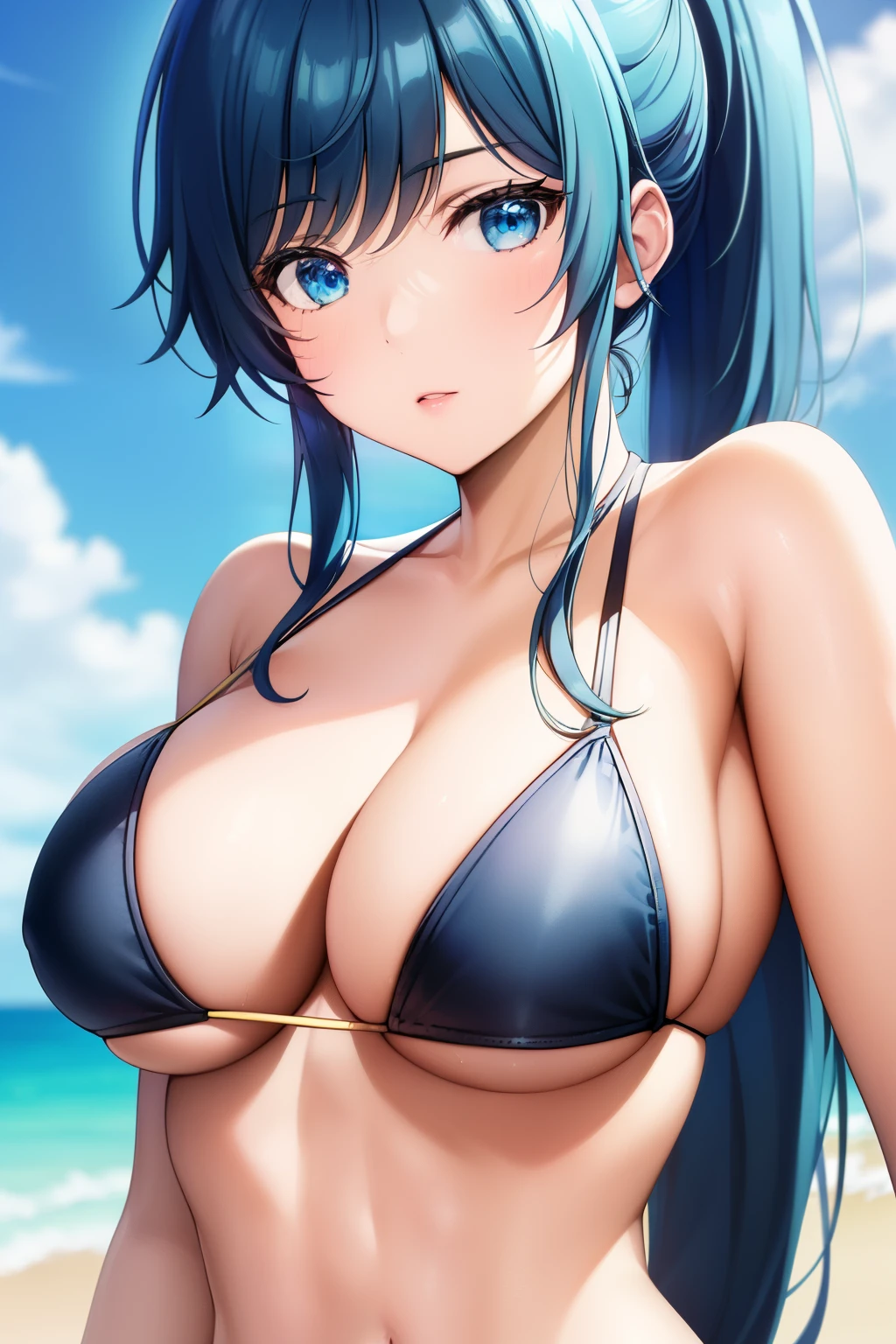 (masterpiece, best quality: 1.2), close-up photo, beautiful girl with long ponytail hair, slightly black navy blue hair, blue eyes, bikini swimsuit, on the beach, very detailed, best quality, perfect face, very high quality, very detailed, visible breasts, feel like