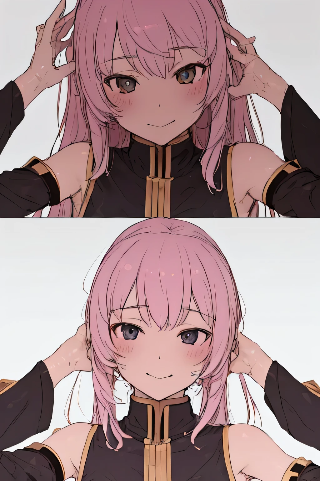 (highest quality, Masterpiece 1.2), become familiar with,1 girl, alone,looking at the viewer,simple background, , this,   Take-up, Upper body,  close-up
standing ,smile ,become familiar with eyes ,  become familiar with  face,realistic, adorable face , cute, Megurine luka, log eyelashes,  
 Elbow hand out of frame , Megurine luka