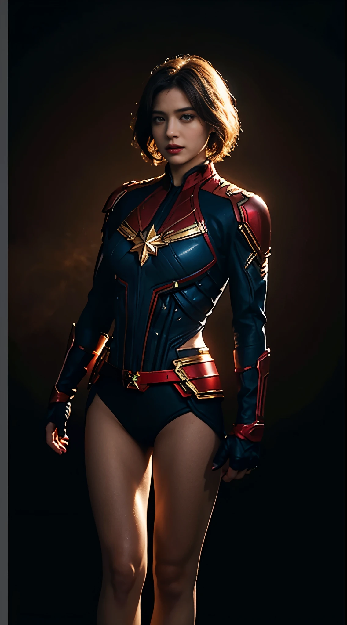 Keswin full body photo: 1, Side lighting, (short hair: 1.3), Hair edge lighting, Shallow and clear depth of field, heroine, (curve: 1.4), (Very detailed), (Award-winning works), (masterpiece), stills, (human development report), (8k wallpaper), Captain Marvel suit, flight, sky background, female focus