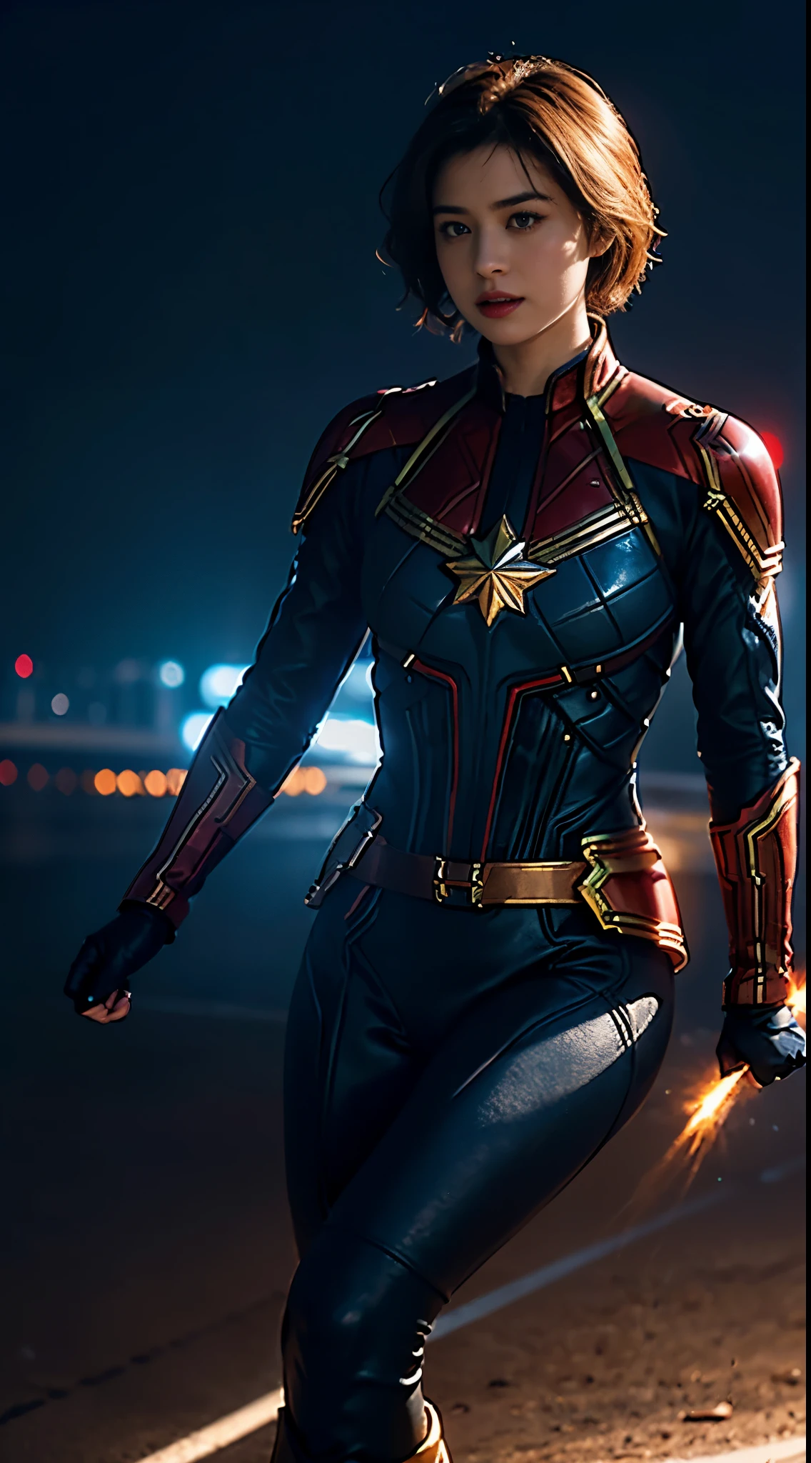 Keswin full body photo: 1, Side lighting, (short hair: 1.3), Hair edge lighting, Shallow and clear depth of field, heroine, (curve: 1.4), (Very detailed), (Award-winning works), (masterpiece), stills, (human development report), (8k wallpaper), Captain Marvel suit, flight, sky background, female focus