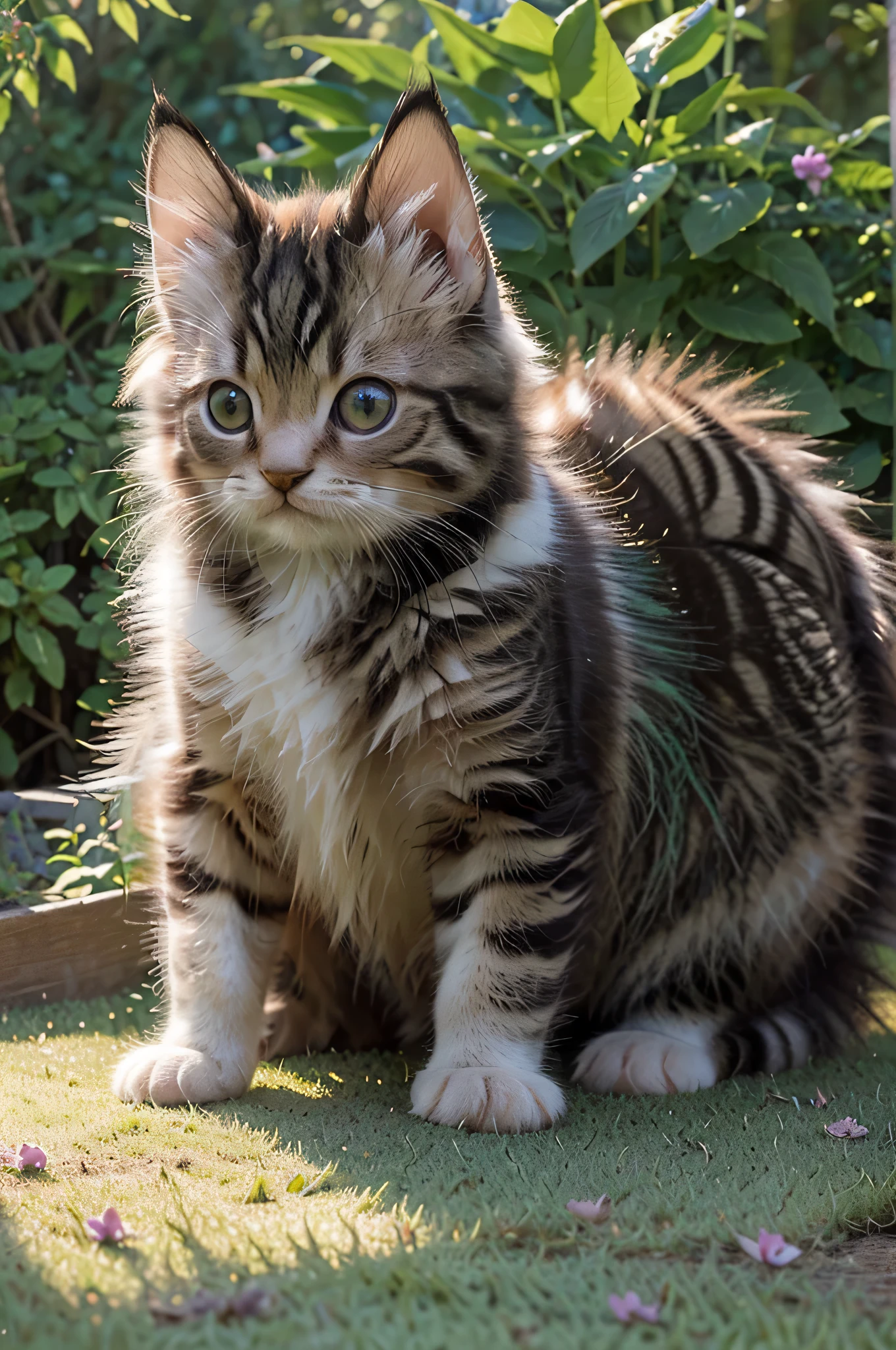 (masterpiece:1.2),ultra detailed,(Realistic,photoRealistic,photo-Realistic:1.37),cute fluffy kitten playing with butterflies,oil painting,soft and delicate fur,playful and curious expression,Shimmering Butterfly Wings,Green and colorful garden background,daylight,bright colors,Butterflies flutter around,Precise strokes,fine textures,Solar atmosphere