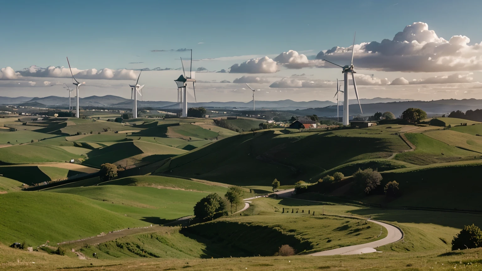 a series of windmills among green hills