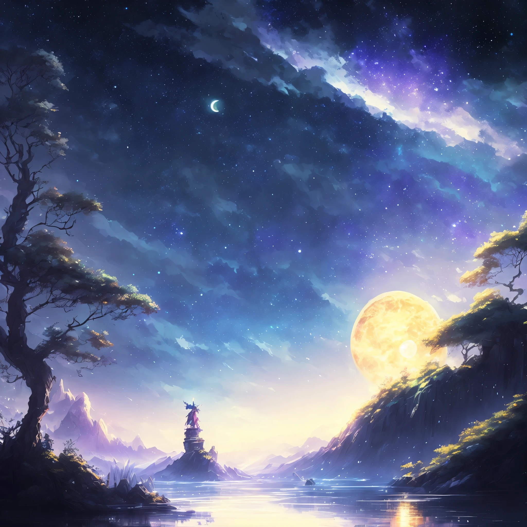 Highly concentrated beauty,Wearing Jiang Tian, Starry Moon Painting, Concept art inspired by Mitsuhiro Tosa, pixiv contest winners, best quality, fantasy art, beautiful anime scene, A bright moon, starry sky environment in moonlight, dream, anime background艺术, fantasy landscape art, Wonderful evening, anime background, background artwork, dreamlike art, Atmospheric animation, starry sky, Detail enhancement.