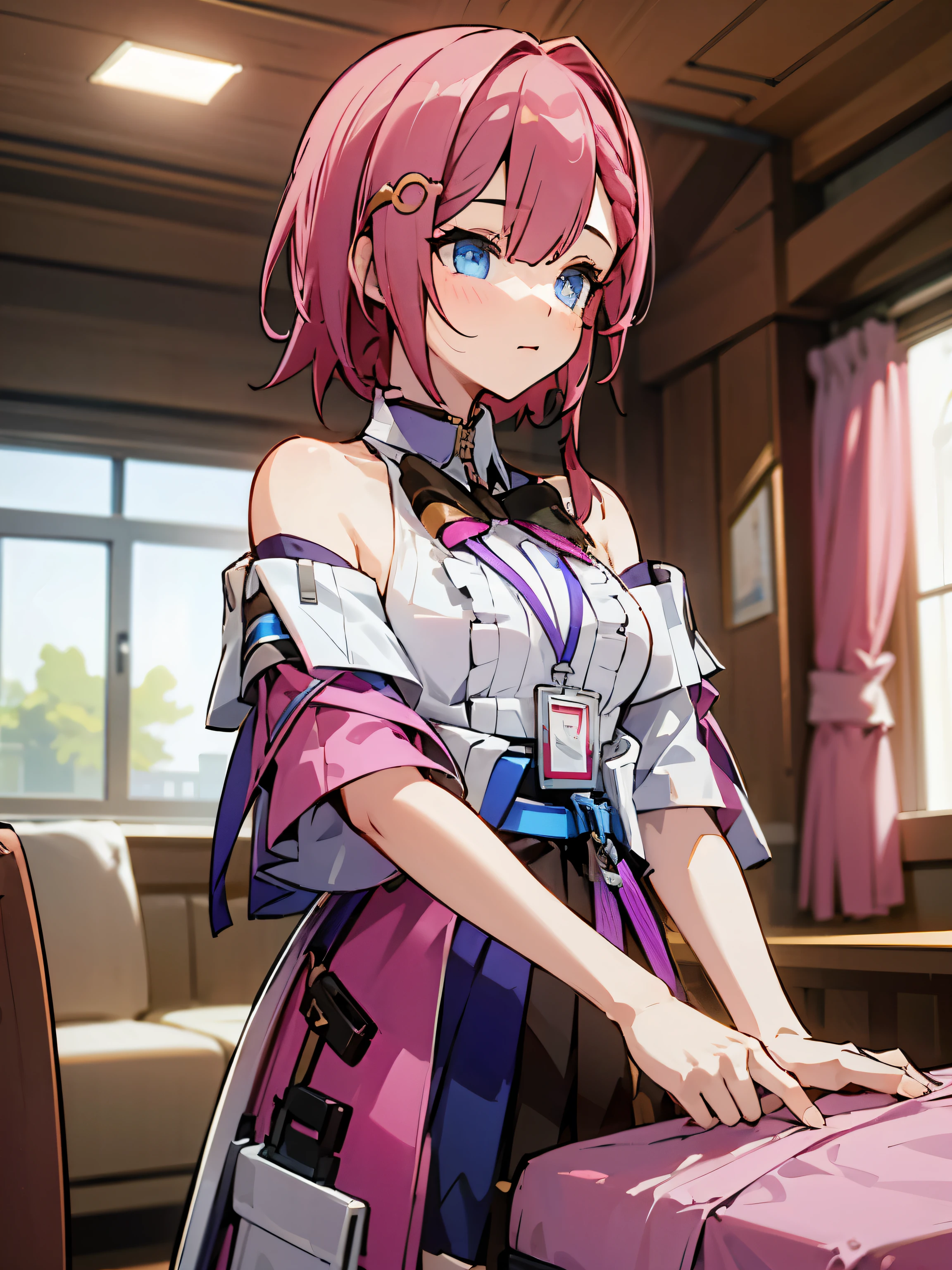 1girl, asta from honkai star rail, pink short hair, short ponyside hair, blue eyes, wearing her outfit, doing daily activities, indoor, very detailed background, many furnitures, masterpiece, highres, ultrahd,