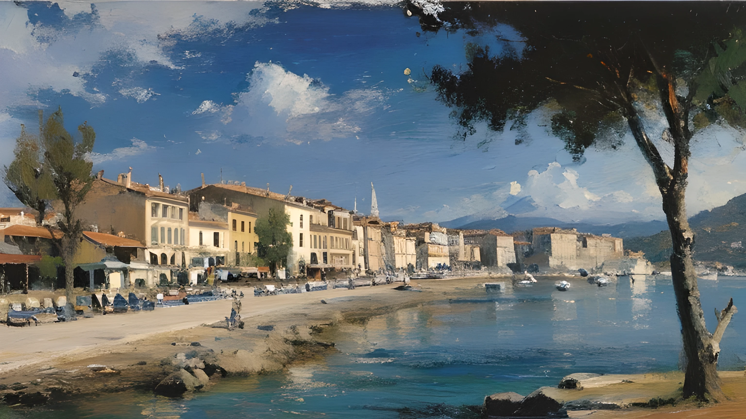 French Riviera, splendid, Nice, ocean, coast, buildings, beach, post-impressionism oil painting, pallet knife stroke, clear day, sunshine, best quality, uhr, 8k