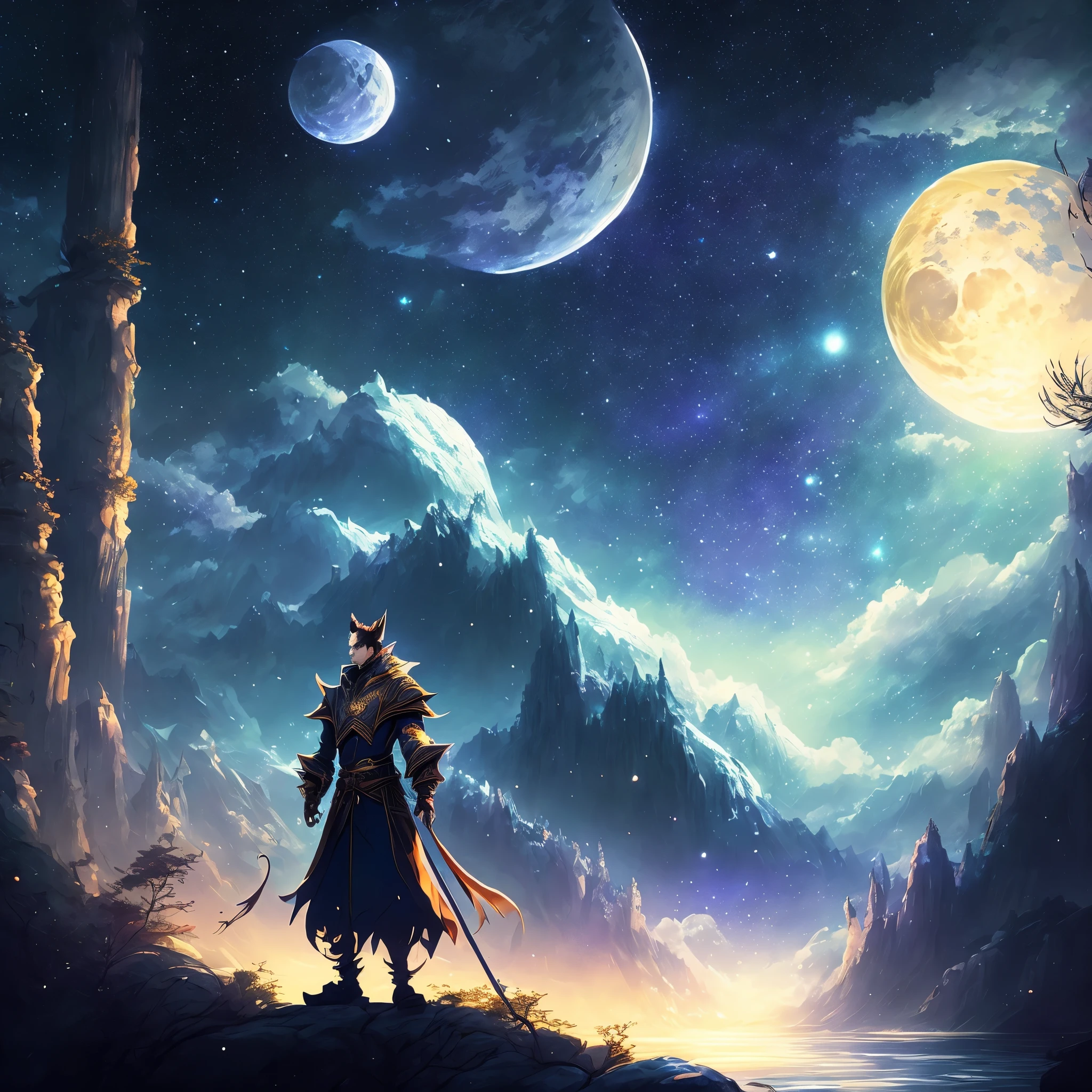 Highly concentrated beauty,Wearing Jiang Tian, Starry Moon Painting, Concept art inspired by Mitsuhiro Tosa, pixiv contest winners, best quality, fantasy art, beautiful anime scene, A bright moon, starry sky environment in moonlight, dream, anime background艺术, fantasy landscape art, Wonderful evening, anime background, background artwork, dreamlike art, Atmospheric animation, starry sky, Detail enhancement.