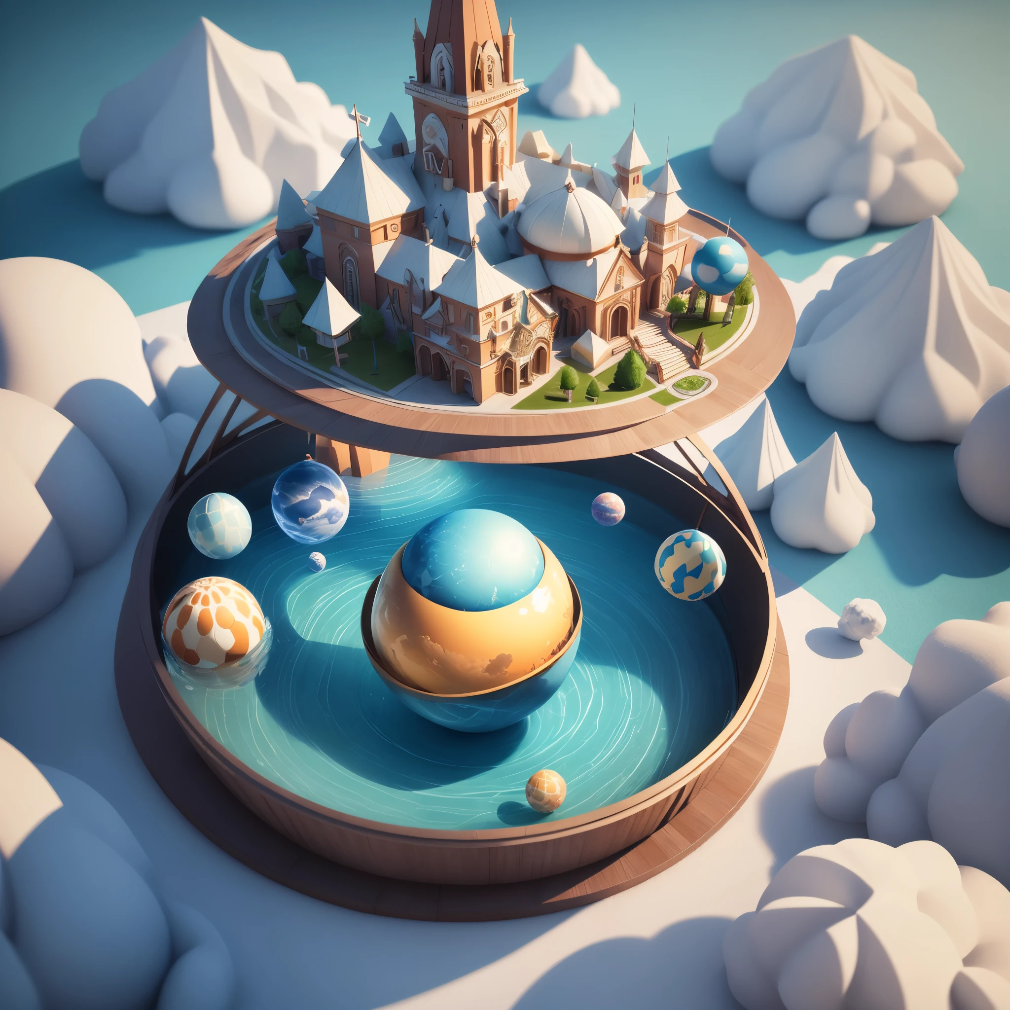 3d round planet of resort world, in the style of hyper-detailed illustrations, playful visual, soft gradients, cute cartoonish designs, tilt shift, soft shading, isolate on white,