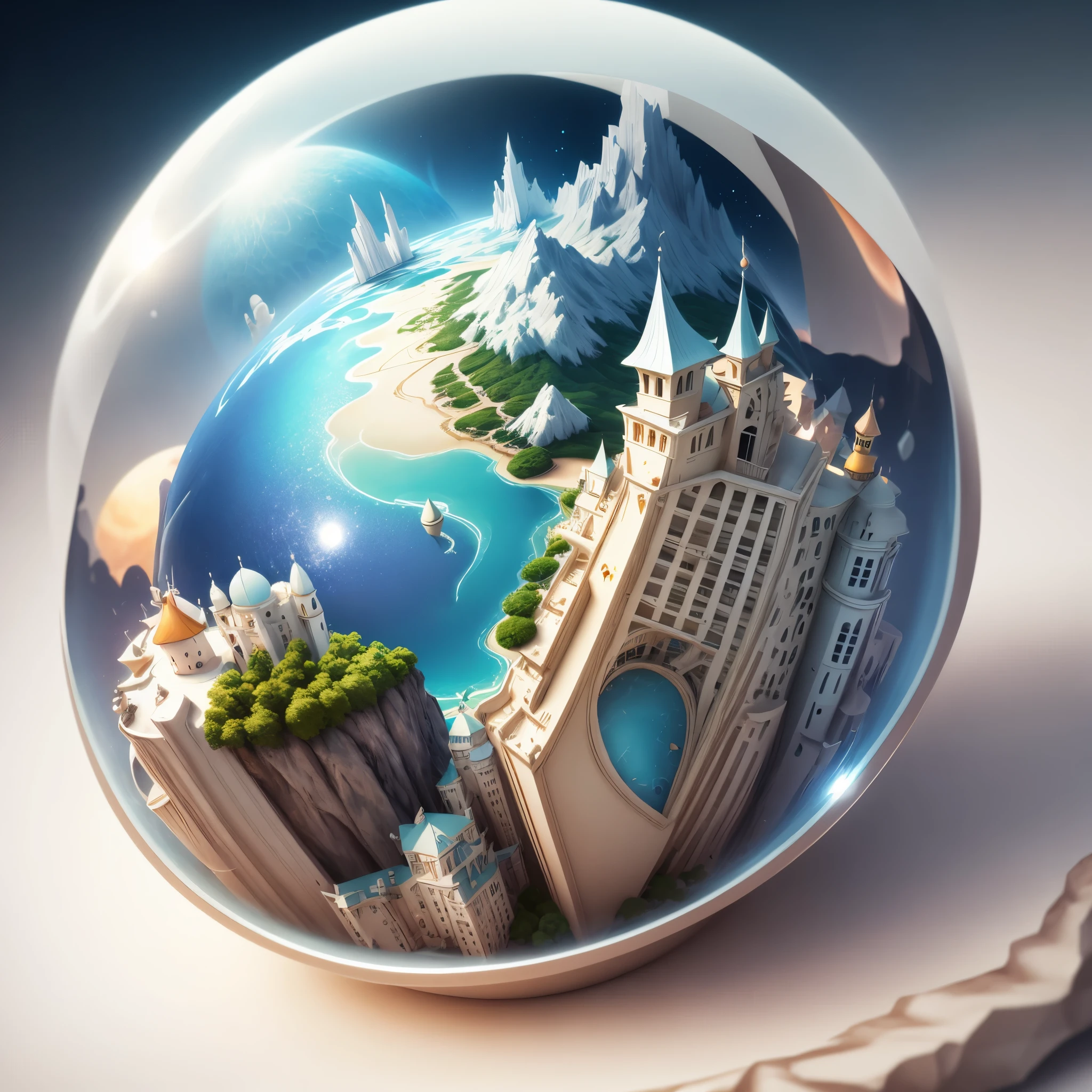 3d round planet of resort world, in the style of hyper-detailed illustrations, playful visual, soft gradients, cute cartoonish designs, tilt shift, soft shading, isolate on white,