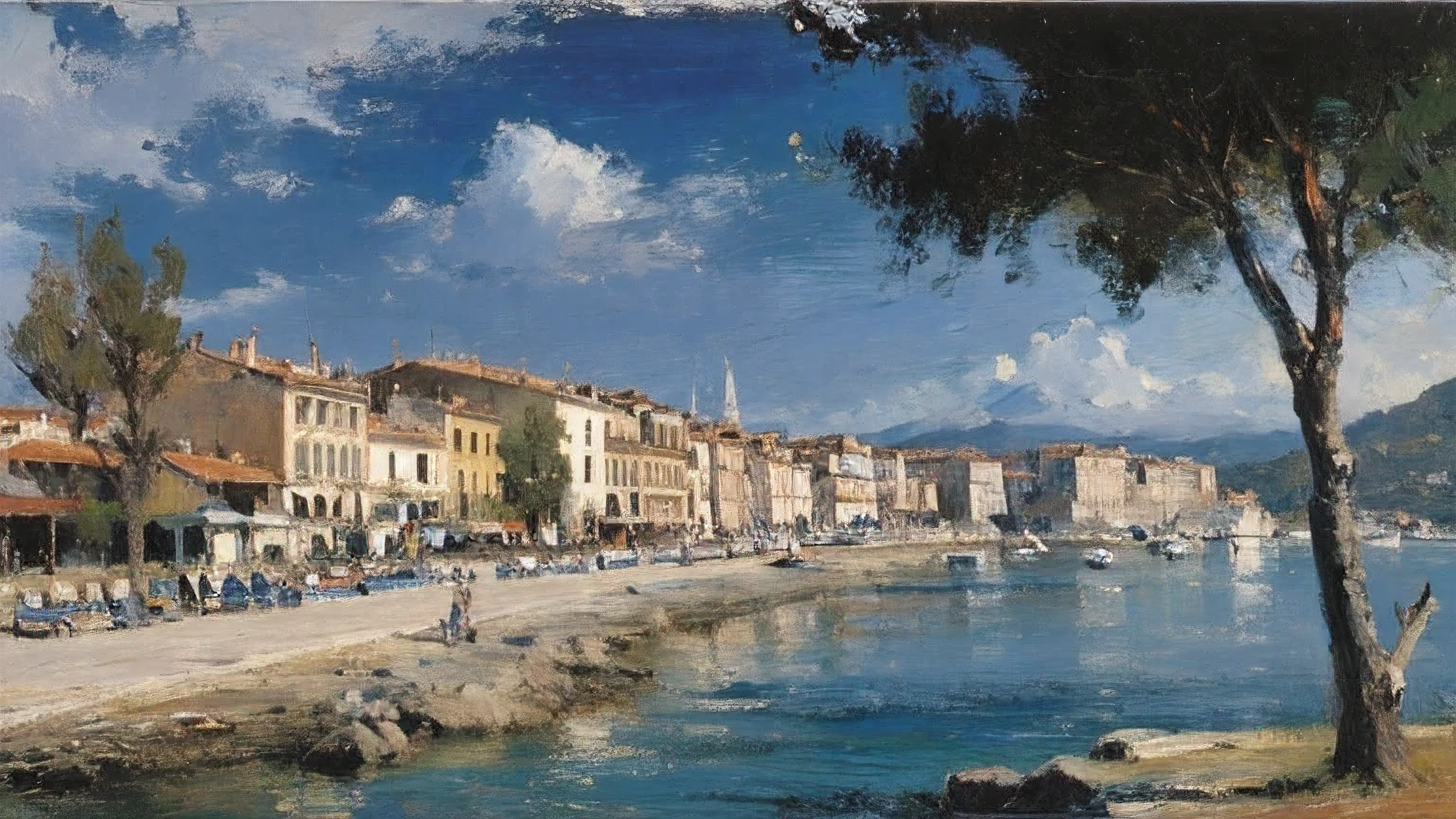 French Riviera, splendid, Nice, ocean, coast, buildings, beach, post-impressionism oil painting, pallet knife stroke, clear day, sunshine, best quality, uhr, 8k