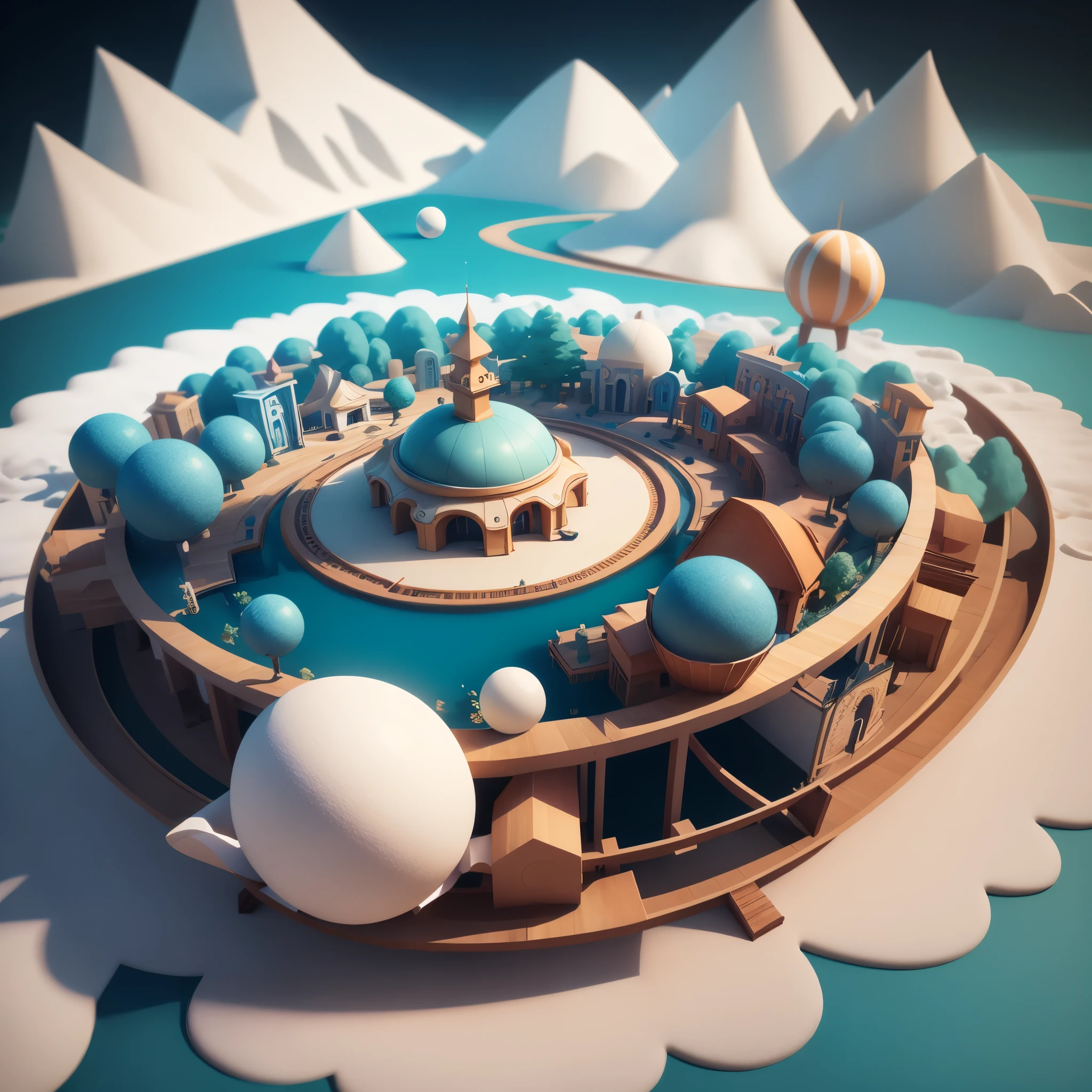 3d round planet of resort world, in the style of hyper-detailed illustrations, playful visual, soft gradients, cute cartoonish designs, tilt shift, soft shading, isolate on white,