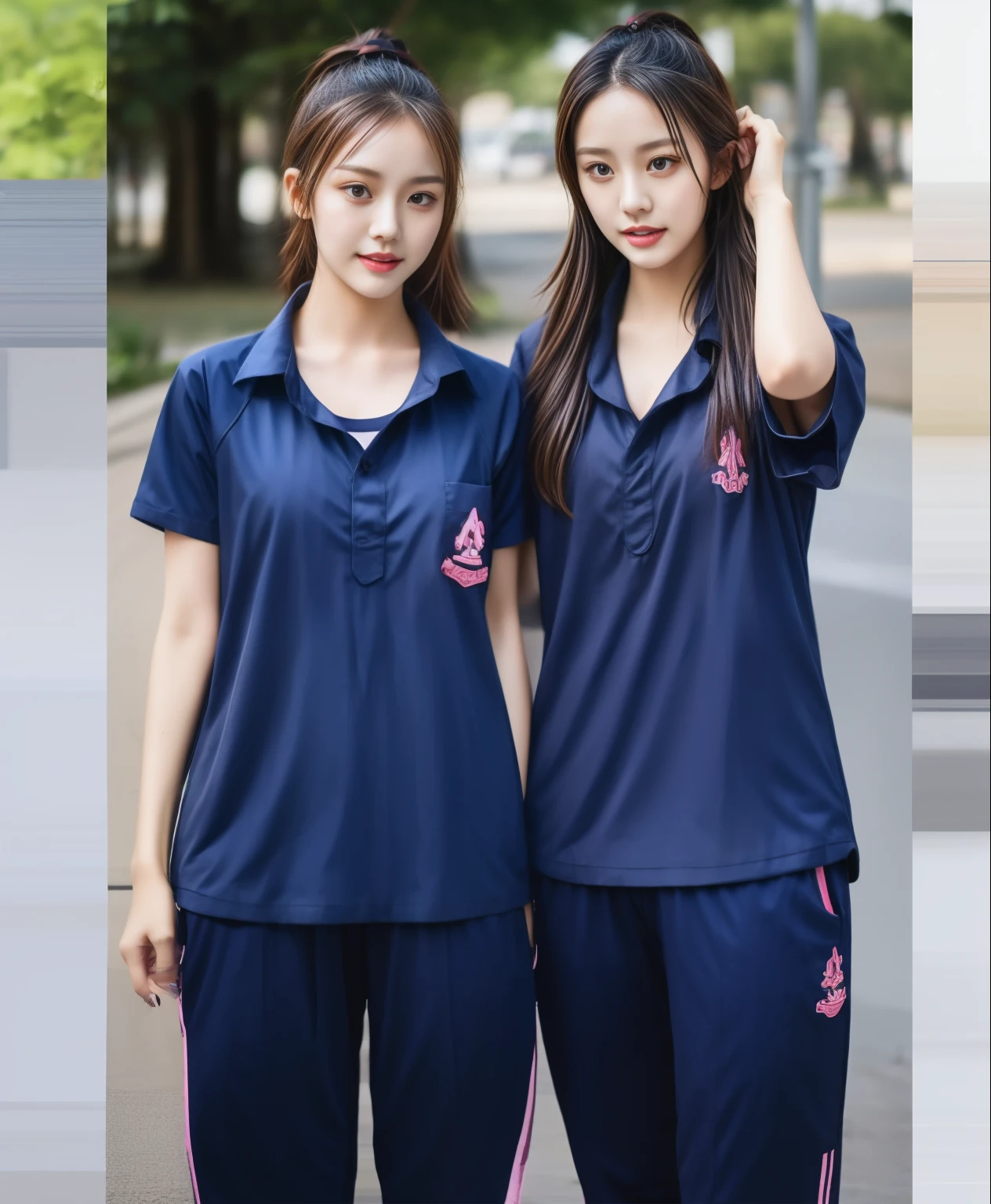 3 girls in fitness center, Navy blue short-sleeved shirt,Navy Long Trackpant,Sweatpants, Sweatpantsขายาว,25 year old girl, lesbian, sexy, exercise clothes, wet body, exercise clothes