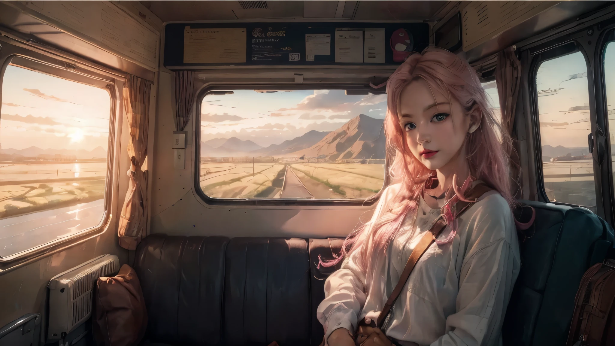 A woman with black hair is sitting on a train, artwork in the style of Guweizu, Ross Tran. scenic background, beautiful digital artwork, colorful digital painting, adorable digital painting, Beautiful digital painting, Guweizu, animation style. 8 thousand, Ross Tran 8 k, Beautiful digital illustration, lofi girl, animation styled digital art