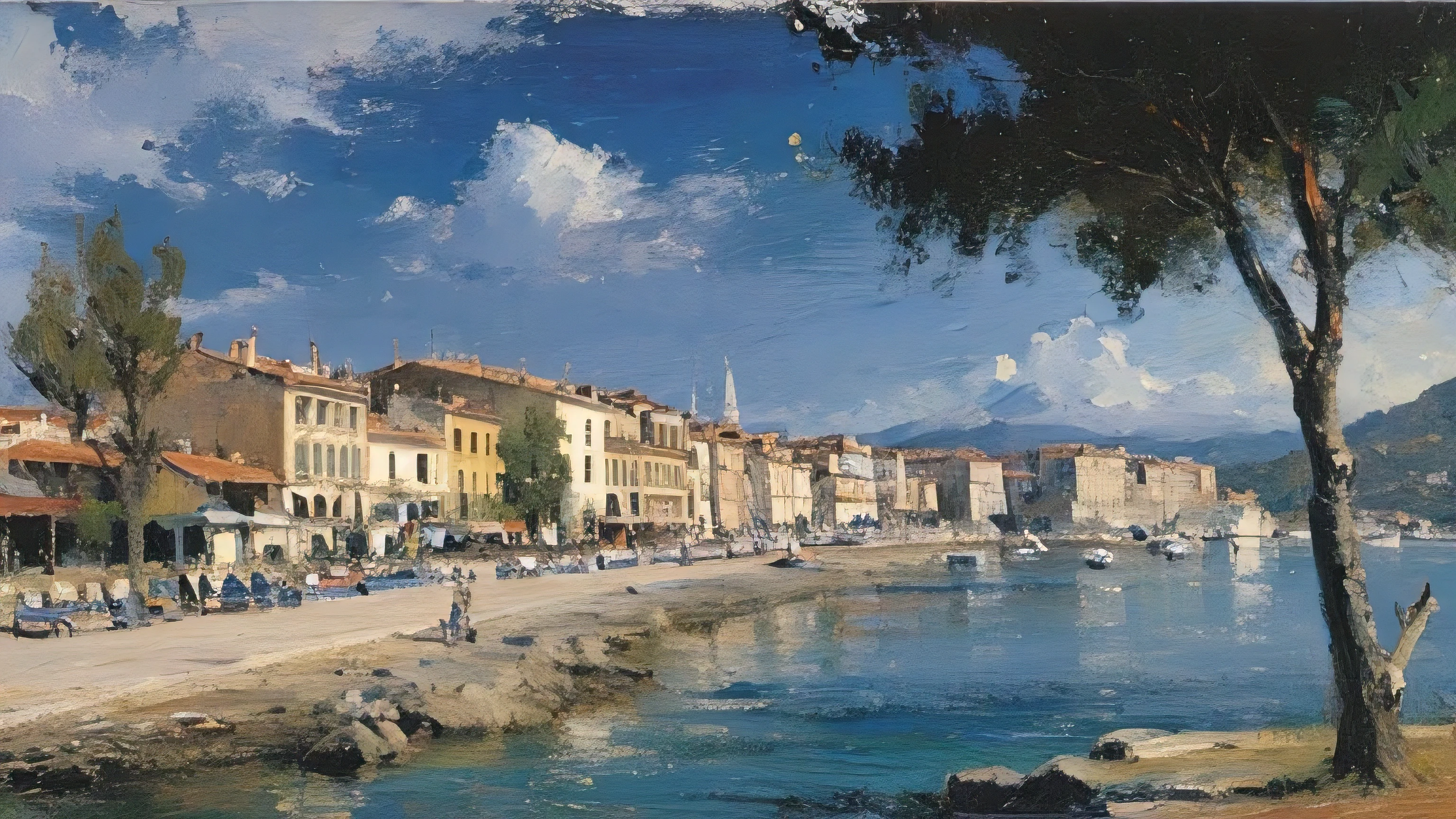 French Riviera, splendid, Nice, ocean, coast, buildings, beach, post-impressionism oil painting, pallet knife stroke, clear day, sunshine, best quality, uhr, 8k