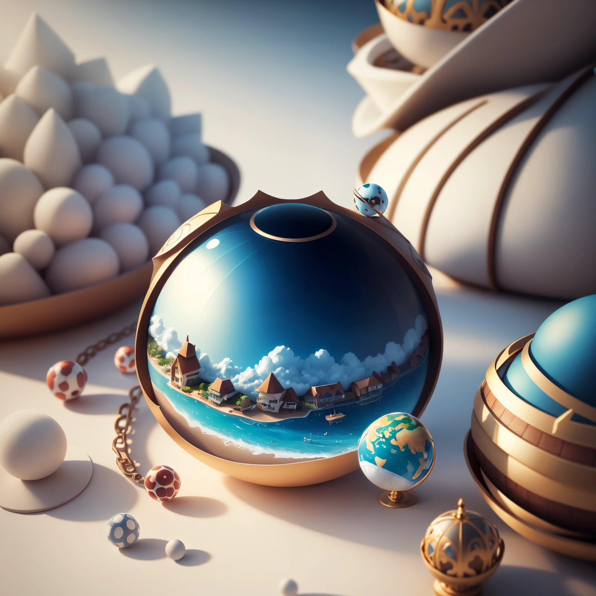 3d round planet of resort world, in the style of hyper-detailed illustrations, playful visual, soft gradients, cute cartoonish designs, tilt shift, soft shading, isolate on white,