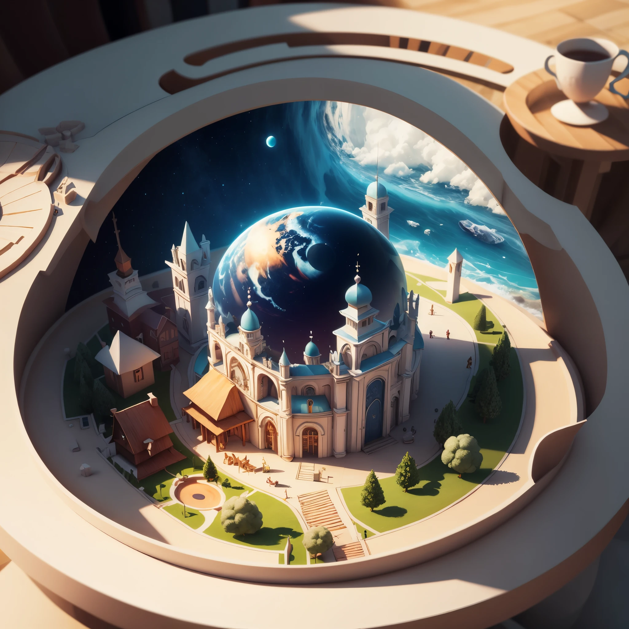 3d round planet of resort world, in the style of hyper-detailed illustrations, playful visual, soft gradients, cute cartoonish designs, tilt shift, soft shading, isolate on white,