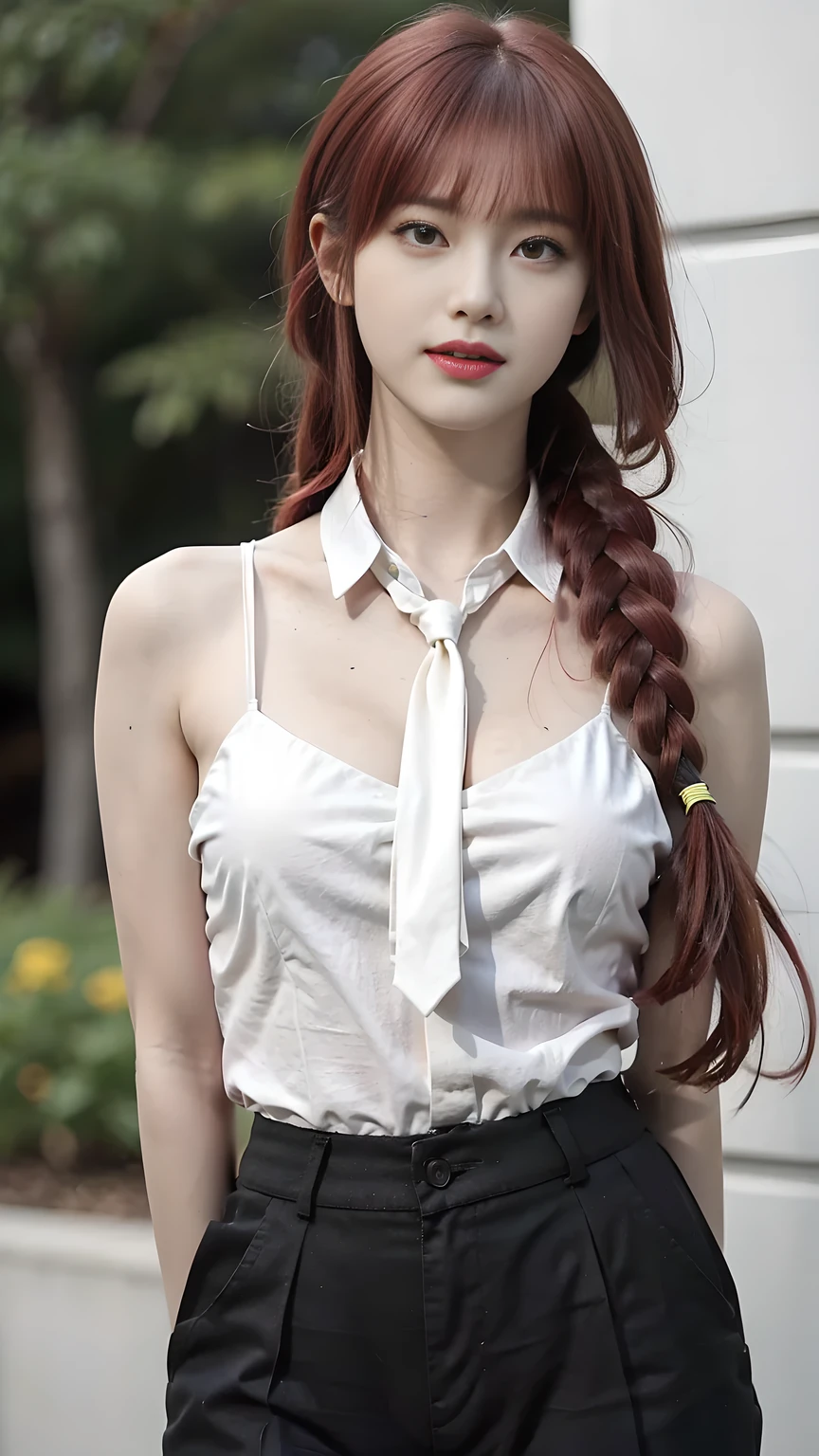 best quality, natural lighting, masterpiece, 1 girl, perfect beautiful face, (photo photo:1.3), edge lighting, photography lighting, (high detail skin:1.2), 8k ultra hd, DSLR, high quality, high resolution, white skin, detailed textured skin, 3/4 body in frame, sexy posing, poker face, close-lip, perfect propotion face, symetric face, eye level shot, 4k, 8k, bokeh, absurd, best ratio four fingers and one thumb, (realistic:1.3), beautiful detailed girl, cute 1girl, red hair, long hair, bangs, volume hairs, collosal-breast, full looking breast, projecting breast, slim waist, slender, small thighs, perfectly proportion, outdoor background, detailed background, trees, clouds, makima, (yellow eyes:1.2), bringed eyes, braid, braided ponytail, (black necktie:1.2), red hair, yellow eyes, (hands behind back:1.1), spaghetti strap tank top, pants, black pants