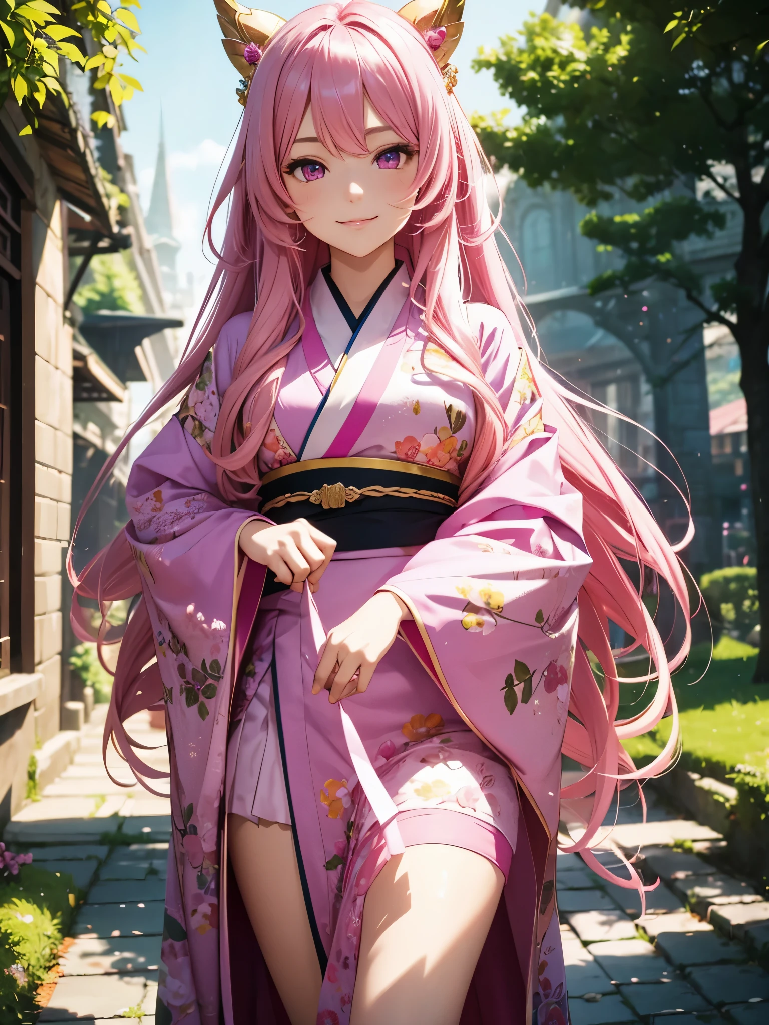 vibrant colors, female, masterpiece, sharp focus, best quality, depth of field, cinematic lighting, fantasy world, pink eyes, pink hair, pink legwear, outdoors, pink jacket, very long hair, long hair, smile, pink kimono, 