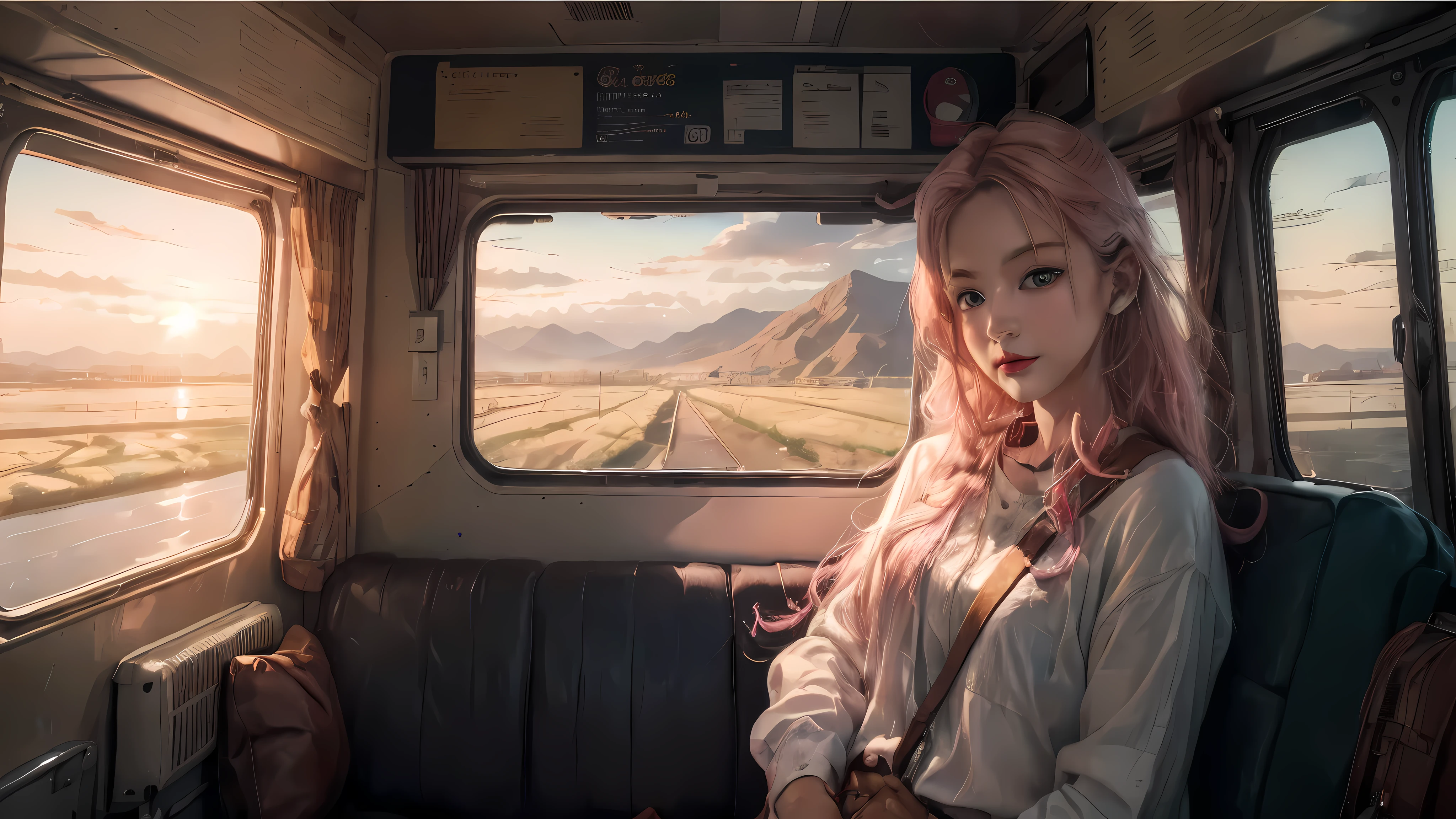 A dark-haired woman is sitting on a train, artwork in the style of Guweizu, Ross Tran. scenic background, beautiful digital artwork, Colorful Digital Painting, adorable digital painting, Beautiful digital painting, Guweizu, animation style. 8 thousand, Ross Tran 8 k, Beautiful digital illustration, lofi girl, animation styled digital art