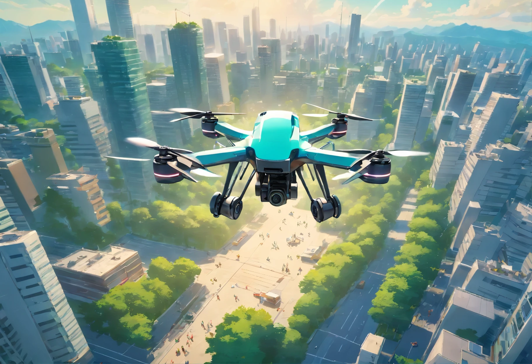 (A symmetrical and precise hexacopter drone flying over the cityscape of a local city, there are no skyscrapers, there are few buildings: 1.3), (a lush forest, flying over a park, a construction site, flying low: 1.5),
sunny, (Tokyo Bay: 1.3), Inlet, unique perspective, dynamic graphics, packed with technology, hovering drone, camera-equipped drone