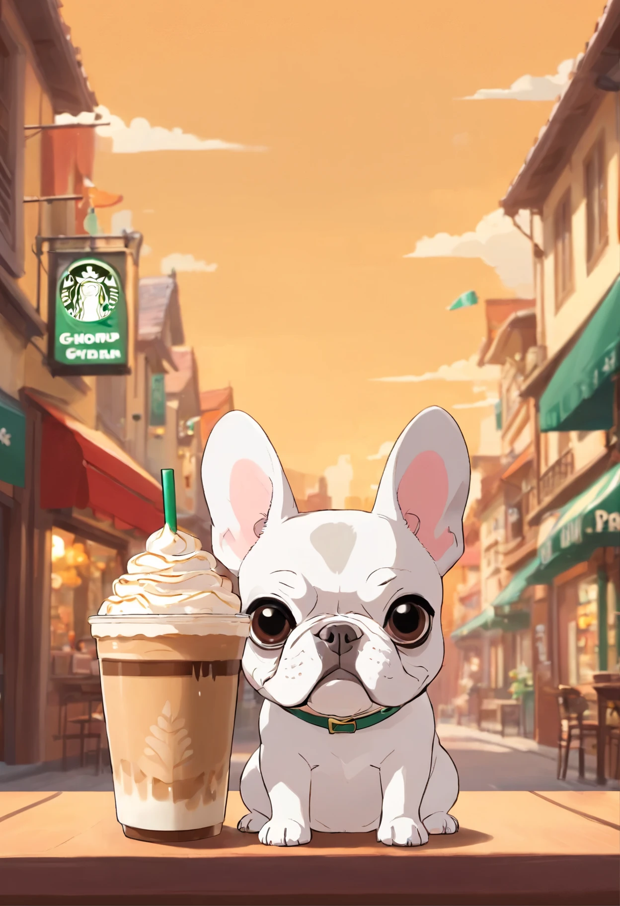 single, Playful cartoon mug in the shape of a French bulldog, Colorido frappuccino estilo Starbucks, French Bulldog Logo.