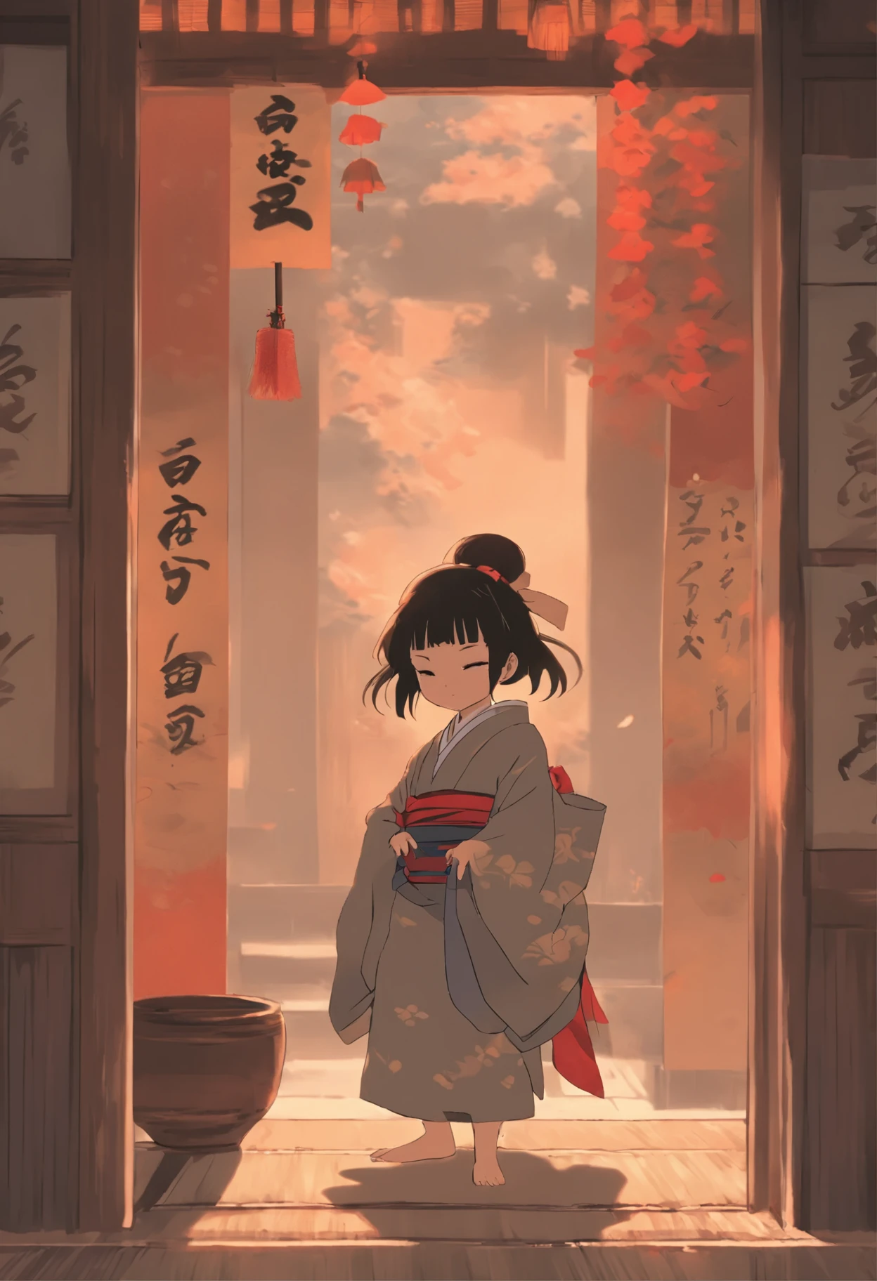 Beautiful comic book style，Thick lines，A little loli monster is crying at the camera，Wearing a gray Japanese kimono，Wear an apron as the outermost layer，With a broom in his hand，short black hair，red eyes，short man，The background is a Japanese-style room，There is an atmosphere of sadness all around，The screen is dominated by gray tones