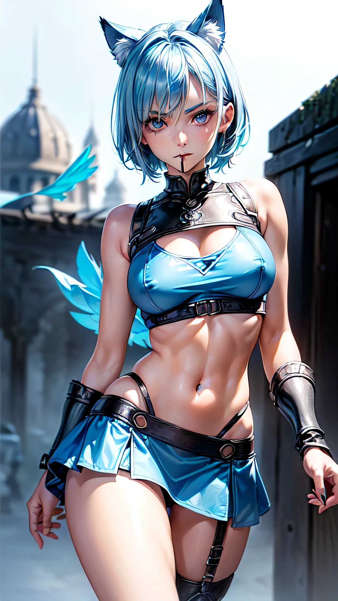 (intrincate details: "(a character in an realistic human style, woman has big blue eyes and blue hair, solo 1girl 18 years old, blue hair, cute, symmetrical face, covered nipples, firm breasts, ((slim build)), young woman, beak of pocky cat ears, white very short and slim crop top, (black short), looking at viewer, very short cowboy mini skirt, medium breasts, blue eyes, short hair, armor, very sexy, random angle view)