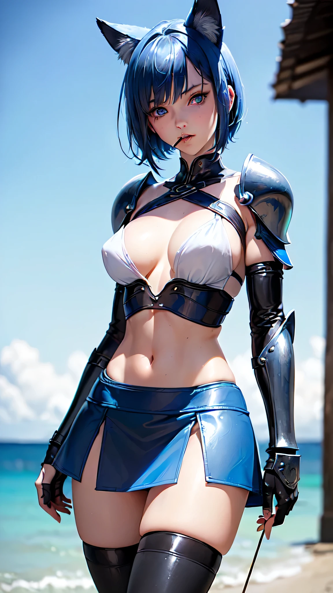(intrincate details: "(a character in an realistic human style, woman has big blue eyes and blue hair, solo 1girl 18 years old, blue hair, cute, symmetrical face, covered nipples, firm breasts, ((slim build)), young woman, beak of pocky cat ears, white very short and slim crop top, (black short), looking at viewer, very short cowboy mini skirt, medium breasts, blue eyes, short hair, armor, very sexy, random angle view)
