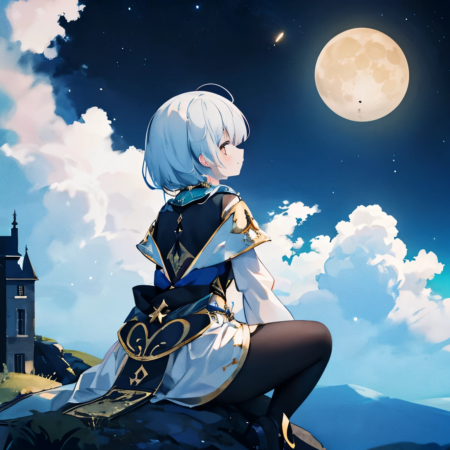 A beautiful moonlit night. girl sitting on the edge of a cliff、clouds at my feet、back view、Star-studded night sky. meteor、彼女は美しい顔とbright colorsの輝く目をしています. She wears a costume with an intricate and beautiful design. Detail view. bright colors. High resolution. fantasy、fantasy、wizard、witch's house、look up at the moon、smile、上半身、少女メイン